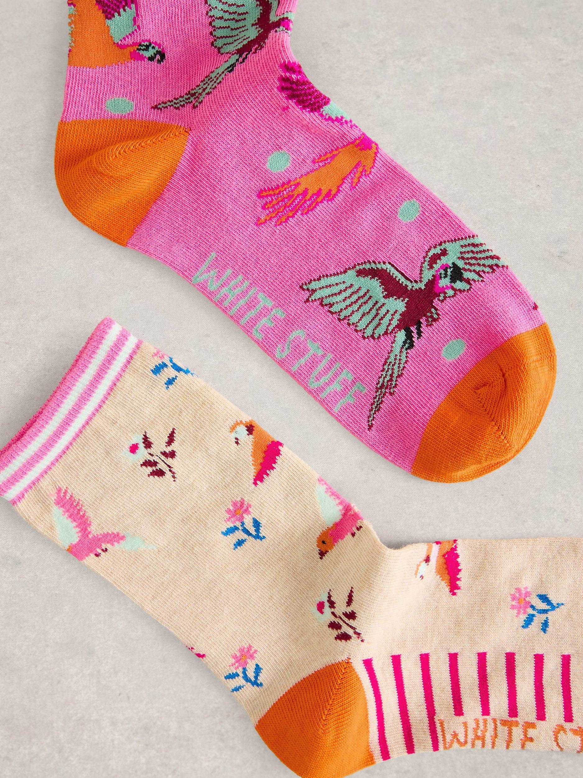 Product image 2 of 2, which shows White Stuff Parrot Socks, Pack of 2, Pink/Multi, 3-5.5