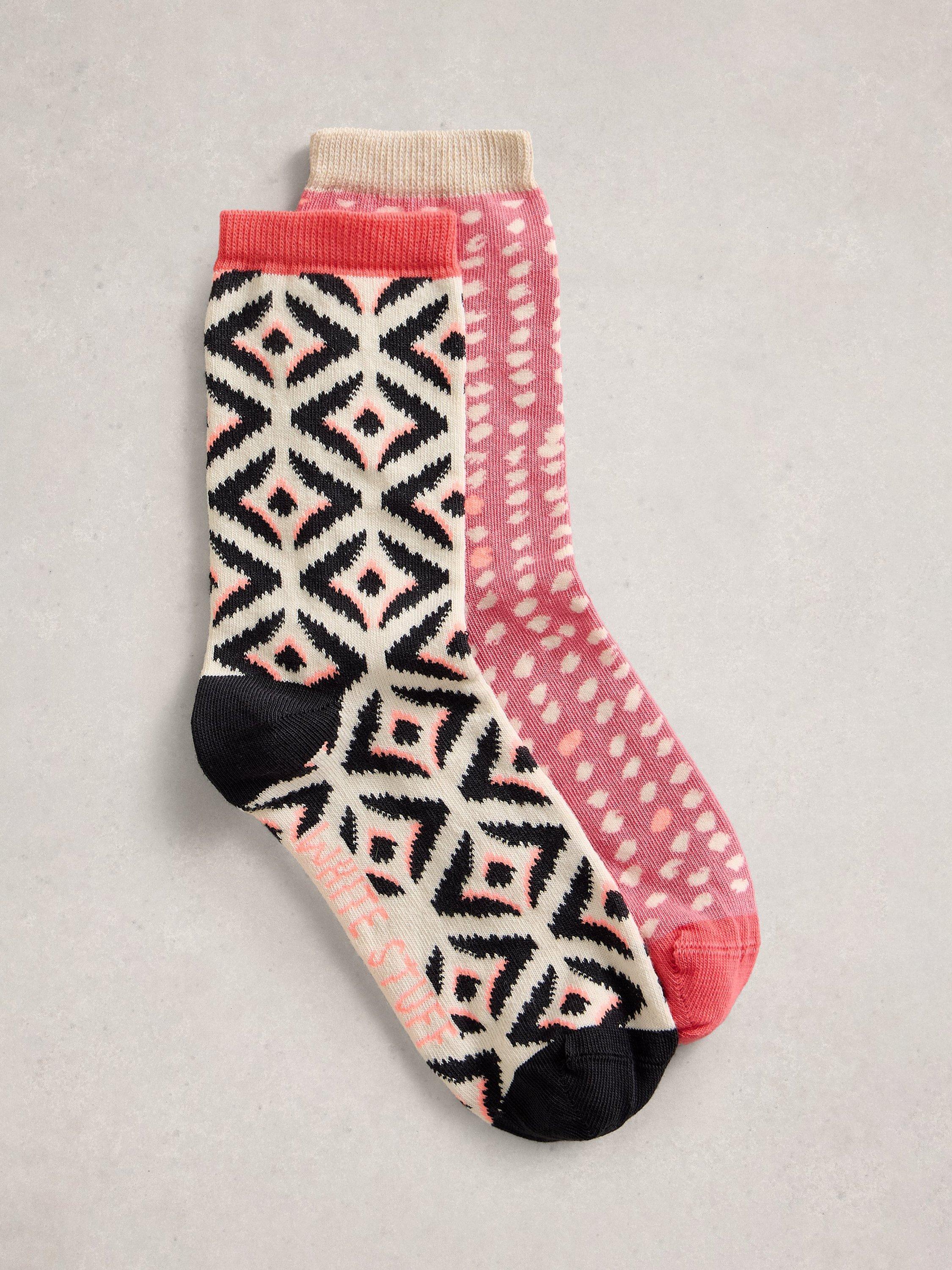 Product image 1 of 2, which shows White Stuff Geo Print Socks, Pack of 2, Pink/Multi, 3-5.5