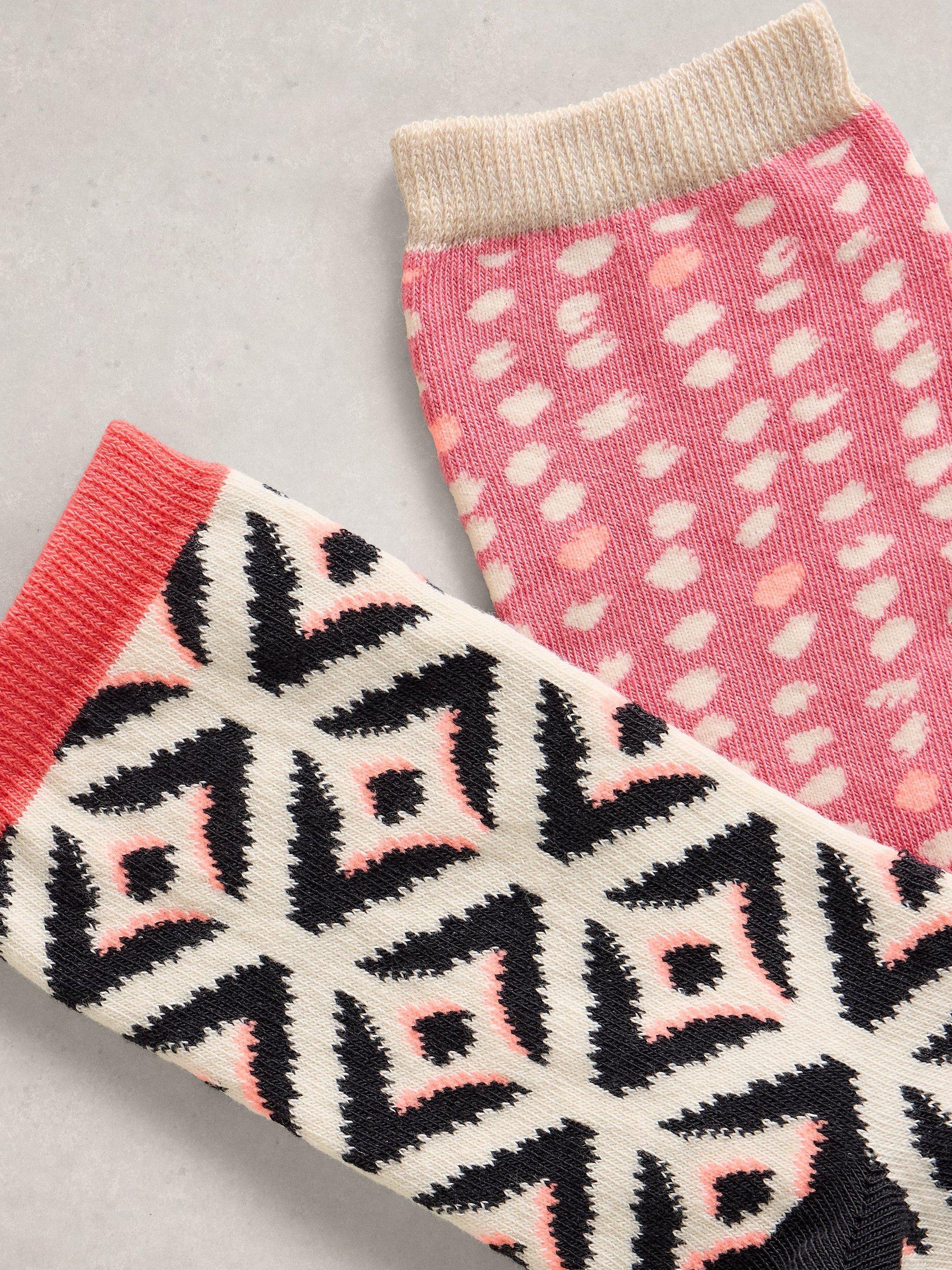 Product image 2 of 2, which shows White Stuff Geo Print Socks, Pack of 2, Pink/Multi, 3-5.5