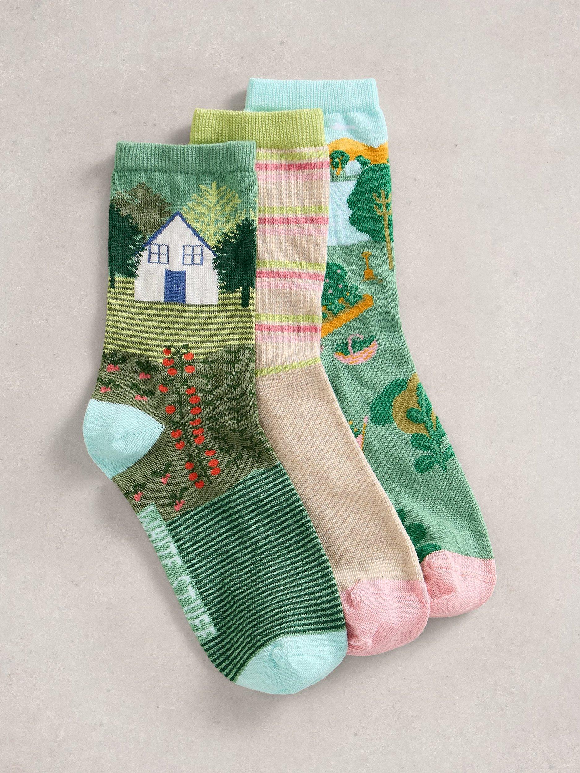 Product image 1 of 2, which shows White Stuff Garden Scene Ankle Socks, Pack of 3, Green/Multi, 3-5.5