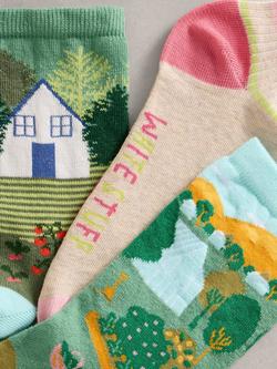 White Stuff Garden Scene Ankle Socks, Pack of 3, Green/Multi - view 2, Green/Multi