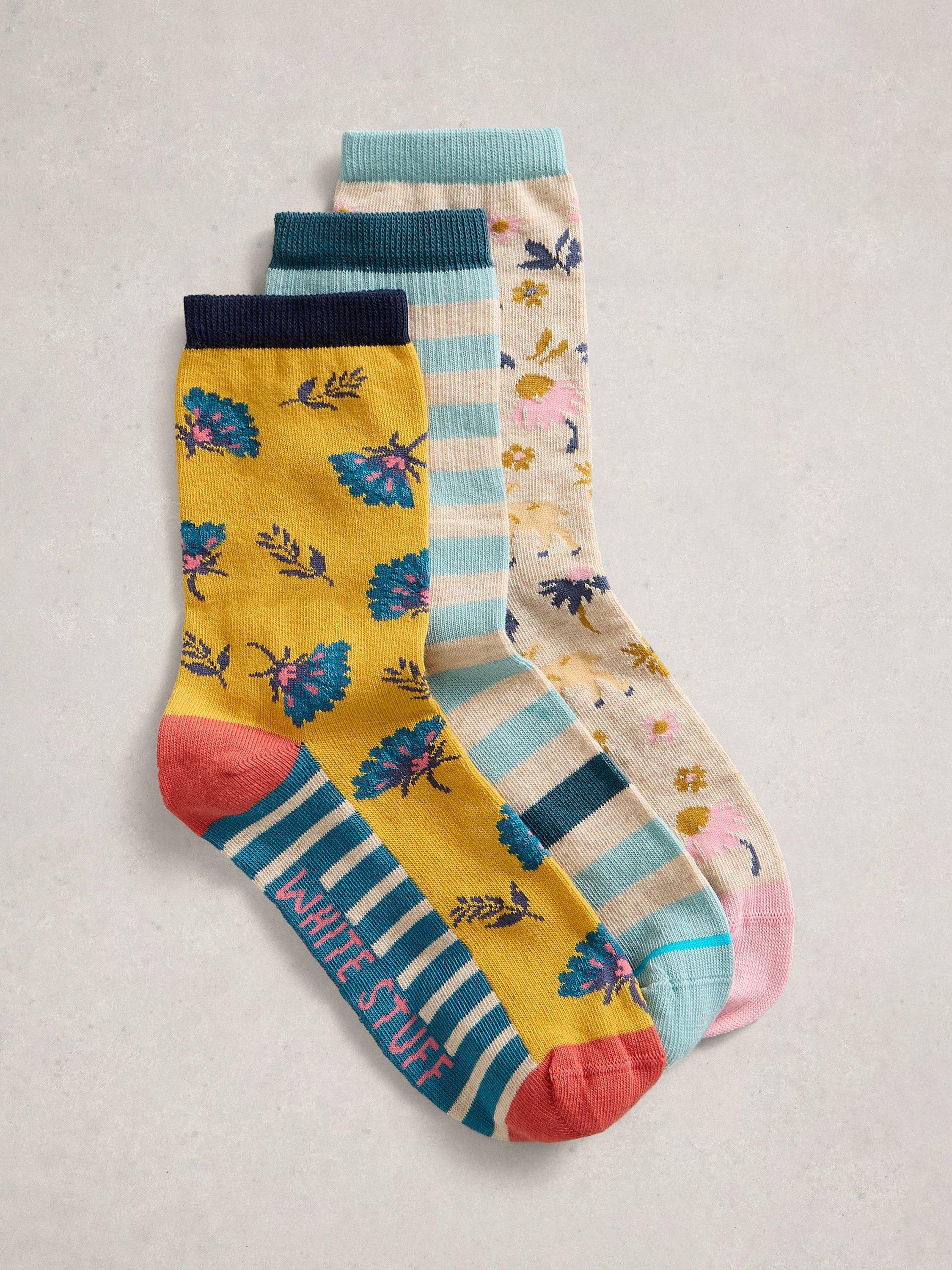 Product image 1 of 2, which shows White Stuff Spring Socks, Pack of 3, Yello/Multi, 3-5.5