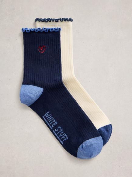 White Stuff Embroidered Ankle Socks, Pack of 2, Navy/Cream, Navy/Cream