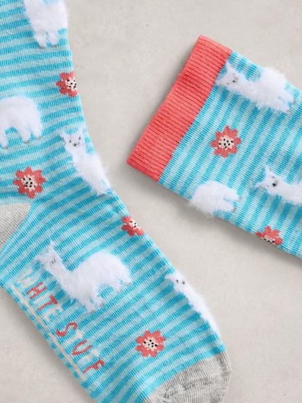 White Stuff Fluffy Lama Ankle Socks, Blue/Multi - view 2, Blue/Multi