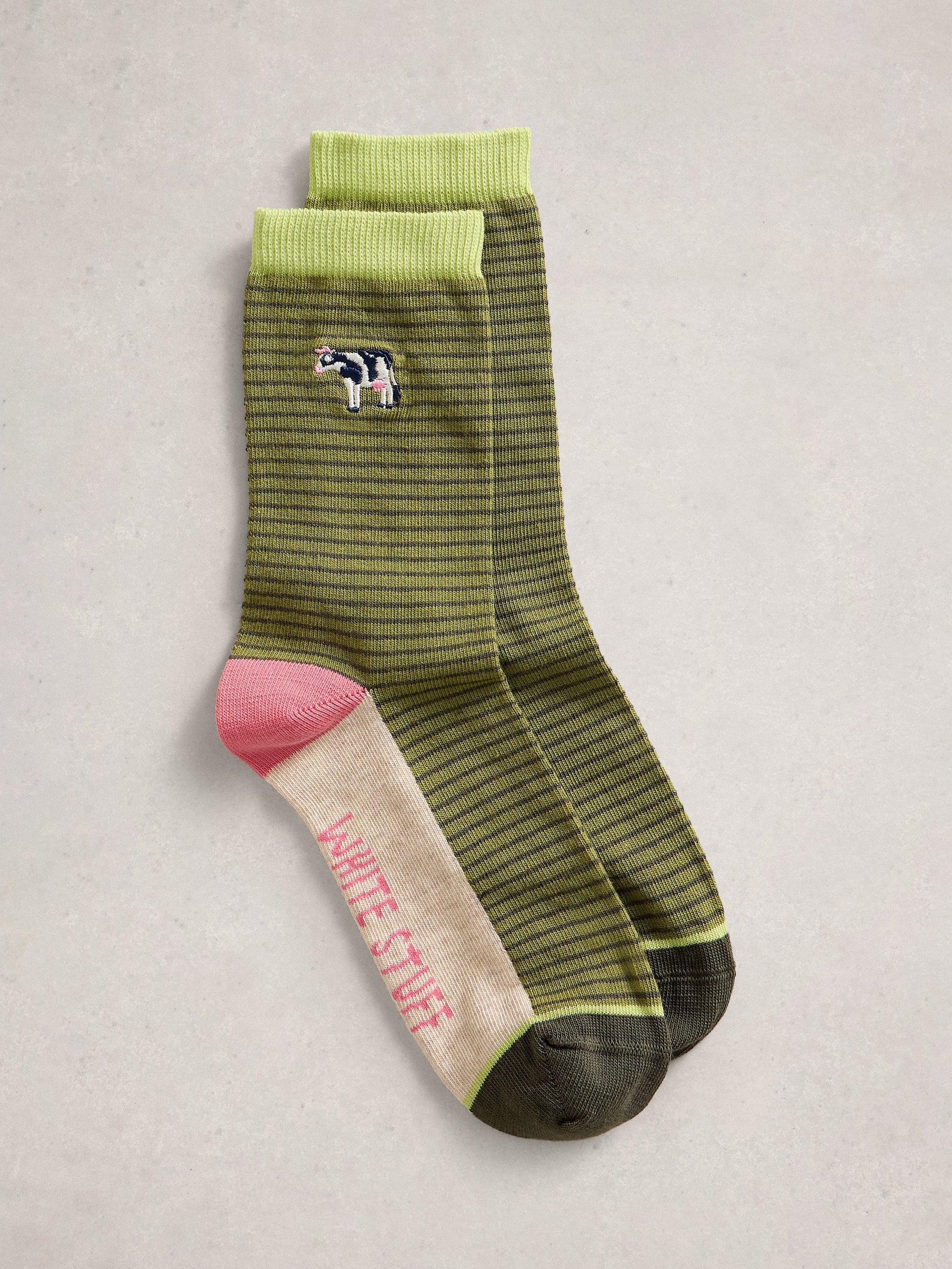 Product image 1 of 2, which shows White Stuff Cow Embroidered Stripe Ankle Socks, Green, 3-5.5