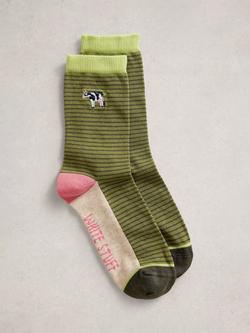 White Stuff Cow Embroidered Stripe Ankle Socks, Green, Green