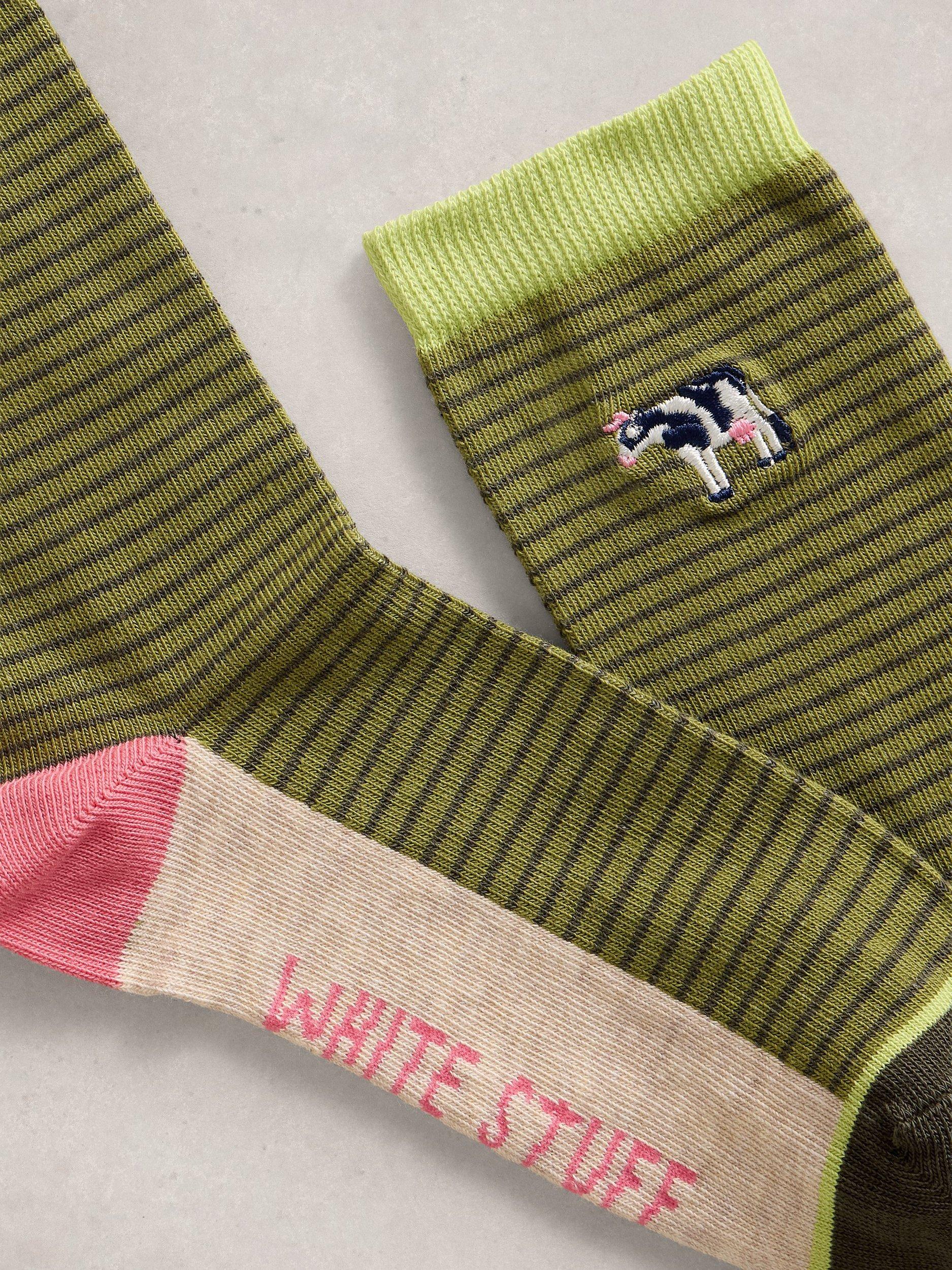 Product image 2 of 2, which shows White Stuff Cow Embroidered Stripe Ankle Socks, Green, 3-5.5