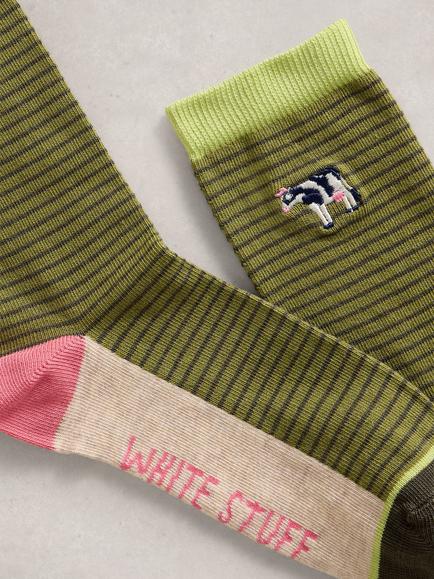 White Stuff Cow Embroidered Stripe Ankle Socks, Green - view 2, Green