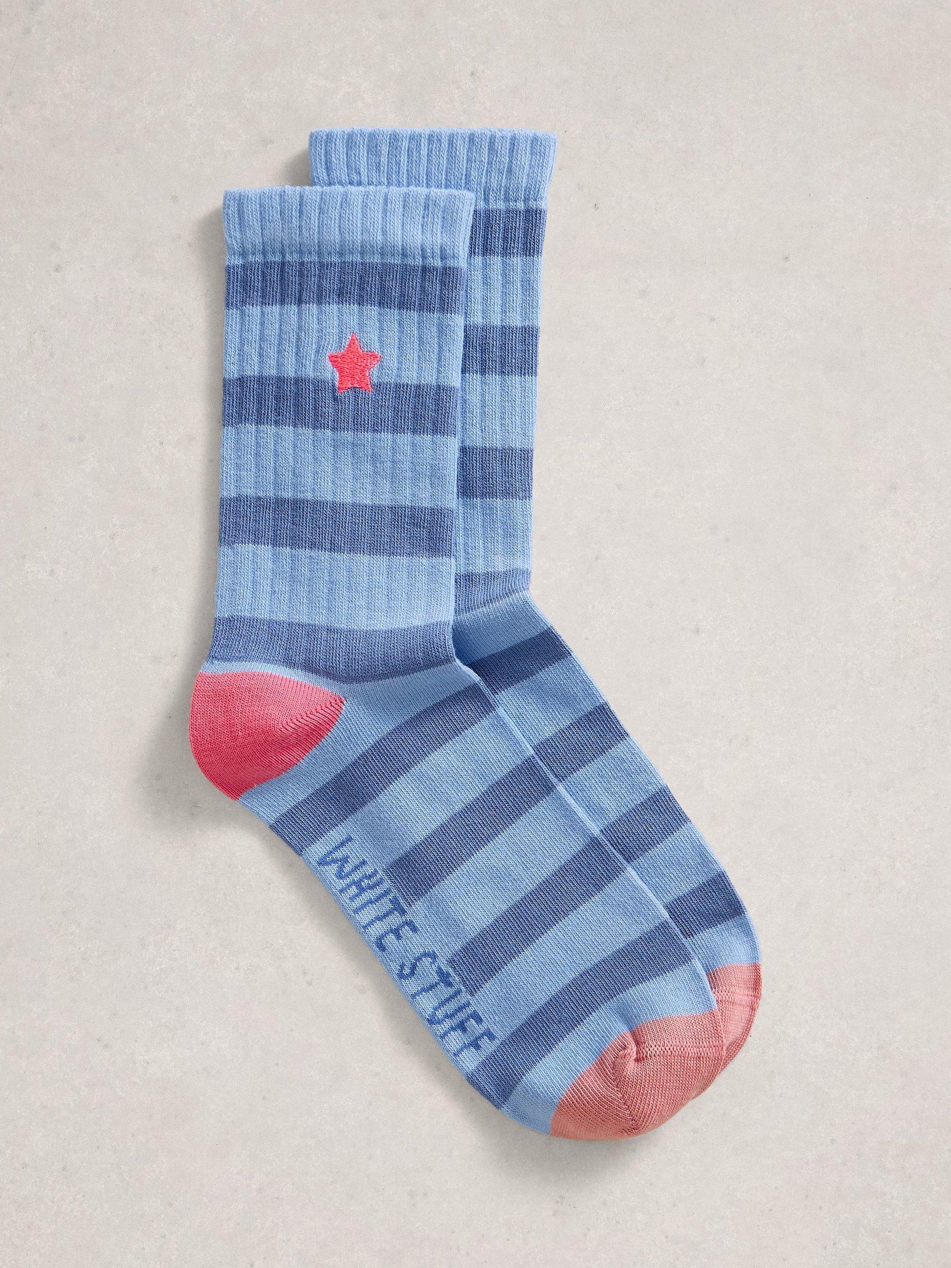 Product image 1 of 2, which shows White Stuff Star Embroidered Stripe Ankle Socks, Blue, 3-5.5