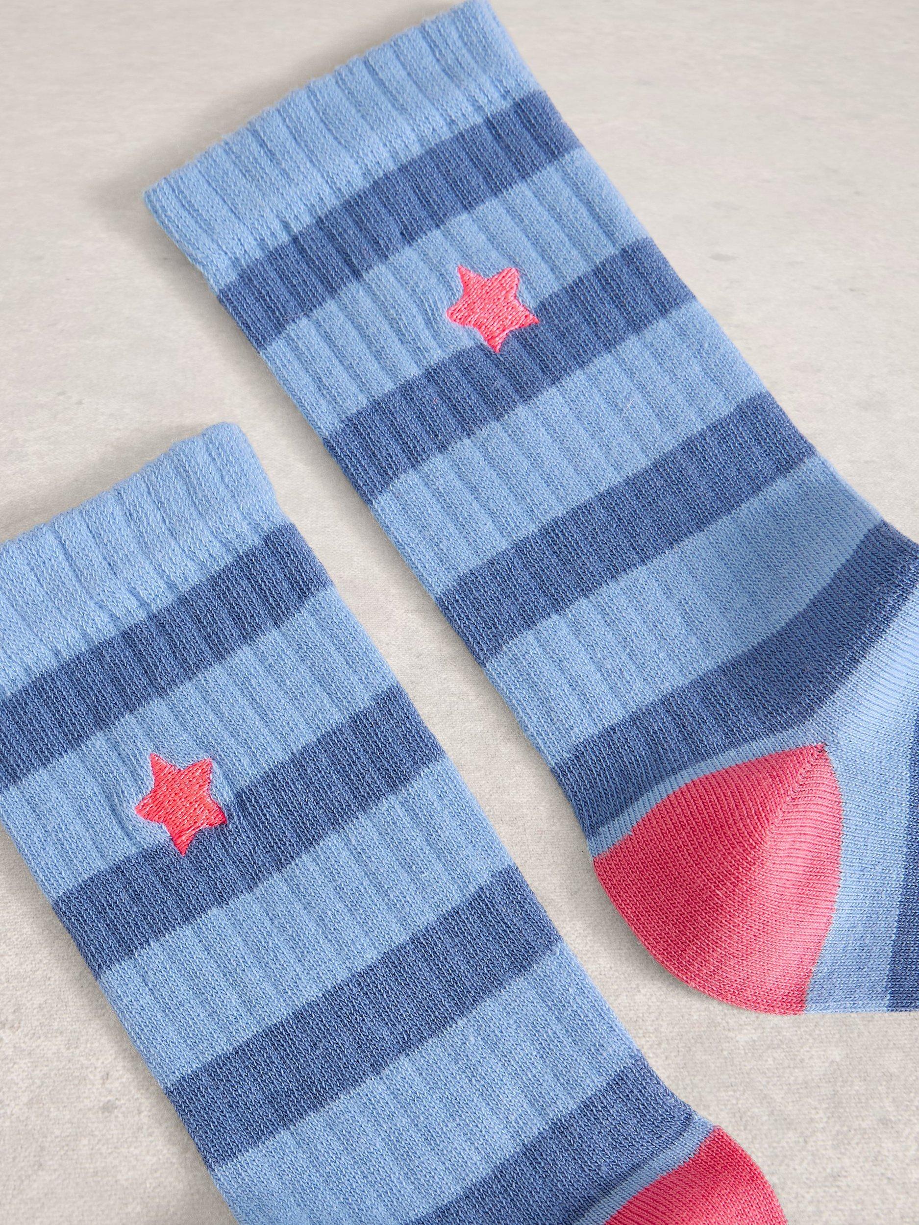 Product image 2 of 2, which shows White Stuff Star Embroidered Stripe Ankle Socks, Blue, 3-5.5