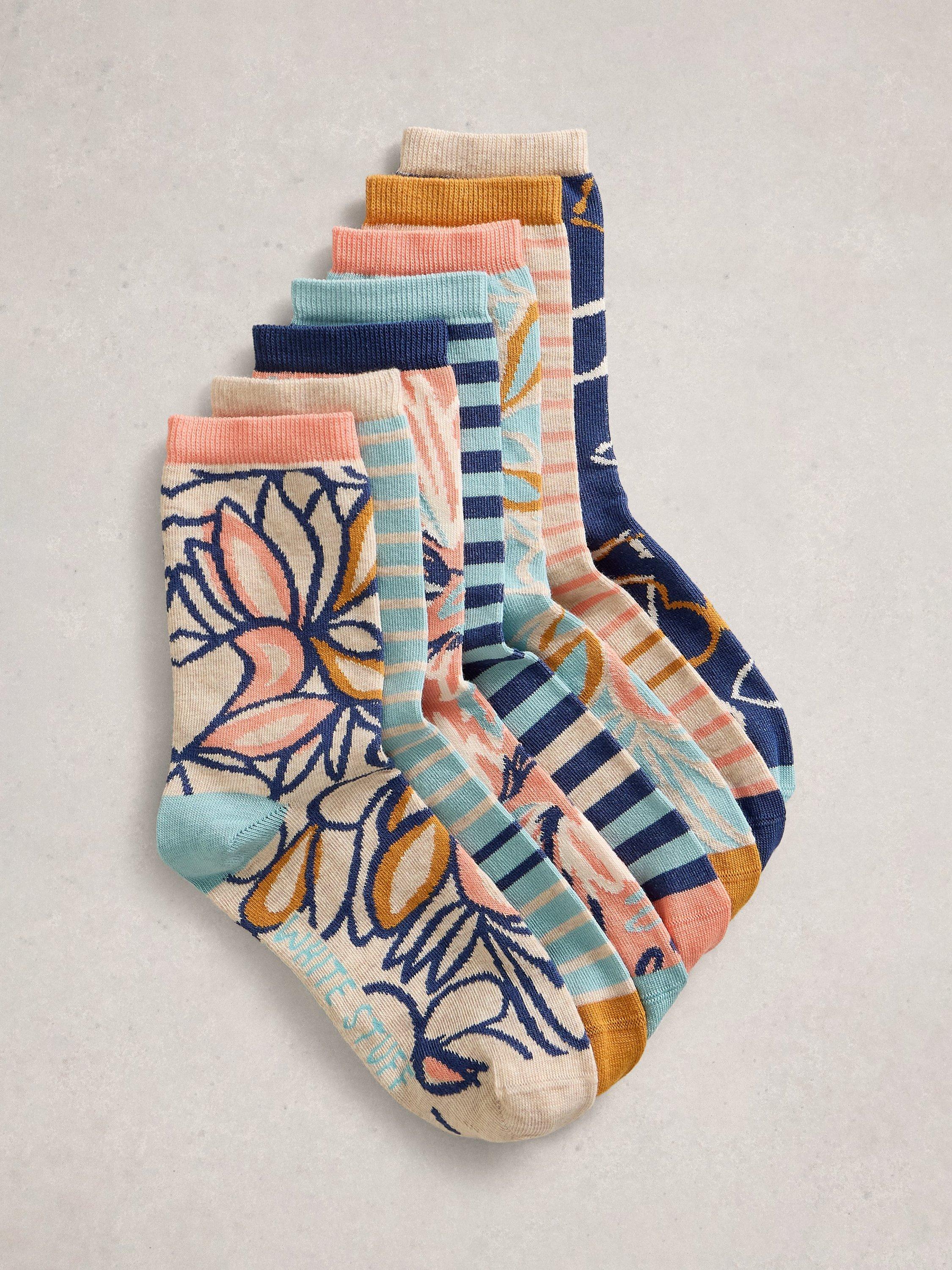 Product image 1 of 2, which shows White Stuff Geo Print Socks, Pack of 7, Pink/Multi, 3-5.5