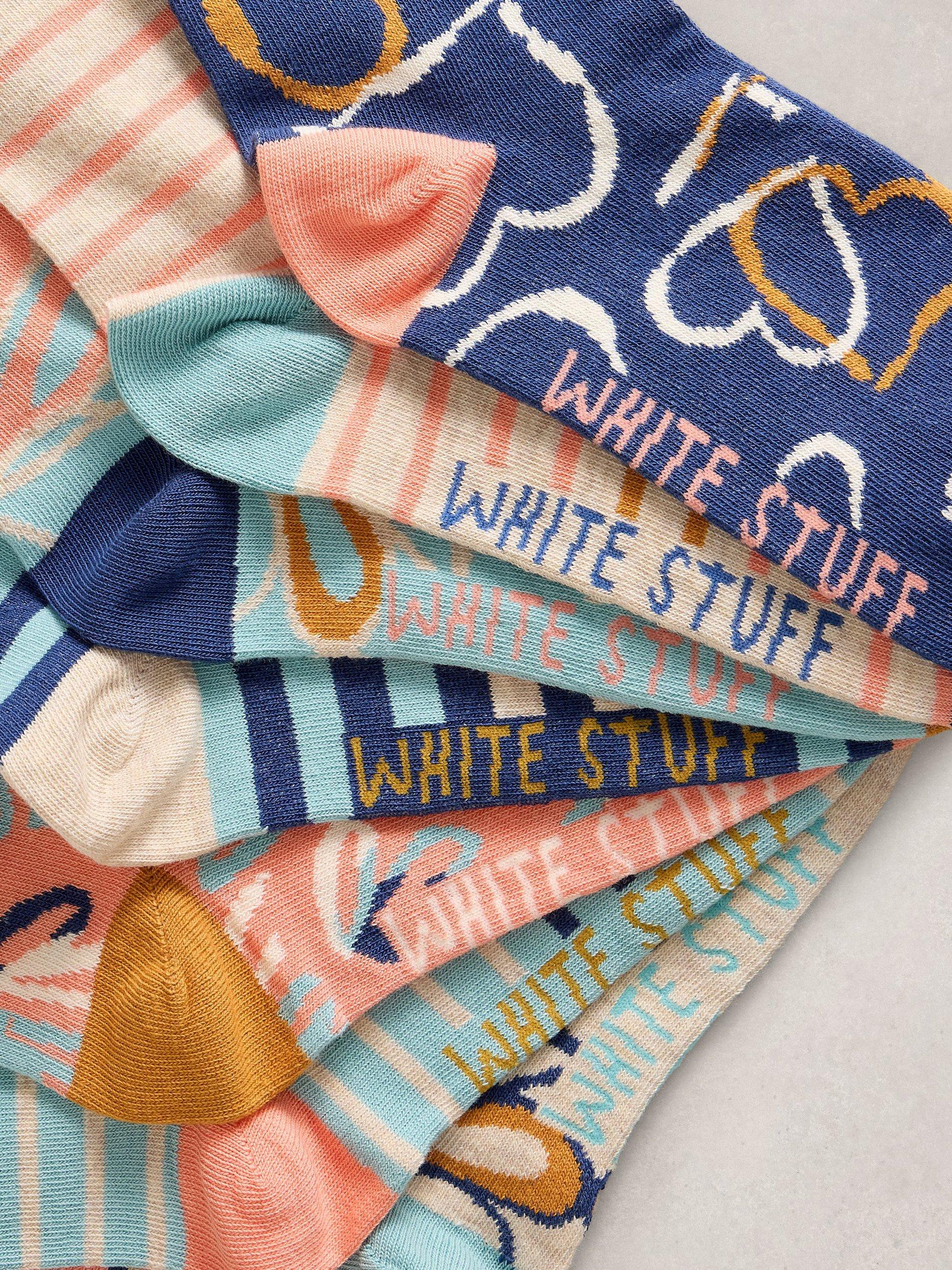 Product image 2 of 2, which shows White Stuff Geo Print Socks, Pack of 7, Pink/Multi, 3-5.5