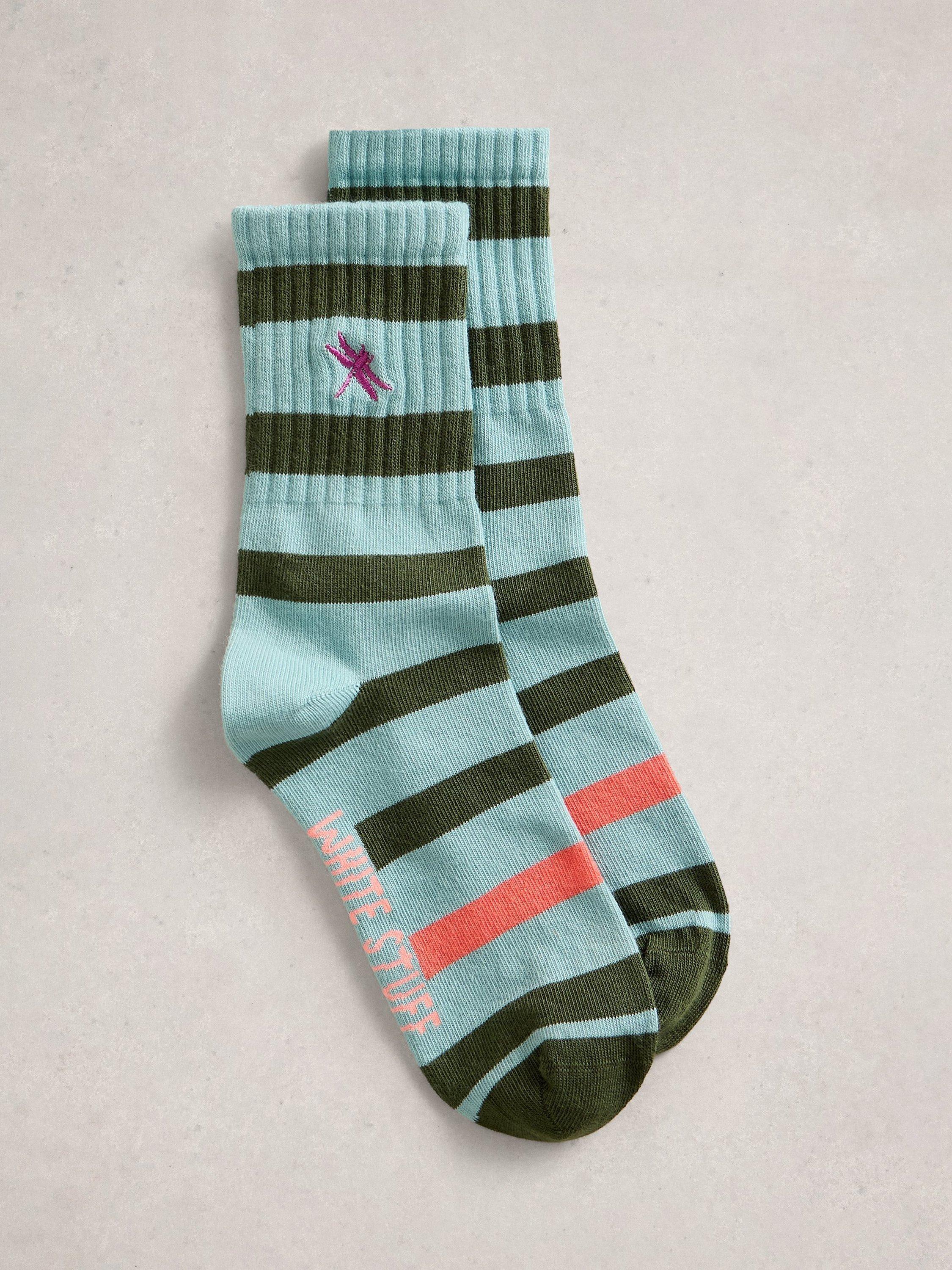 Product image 1 of 2, which shows White Stuff Dragonfly Embroidered Block Stripe Ankle Socks, Green/Multi, 3-5.5