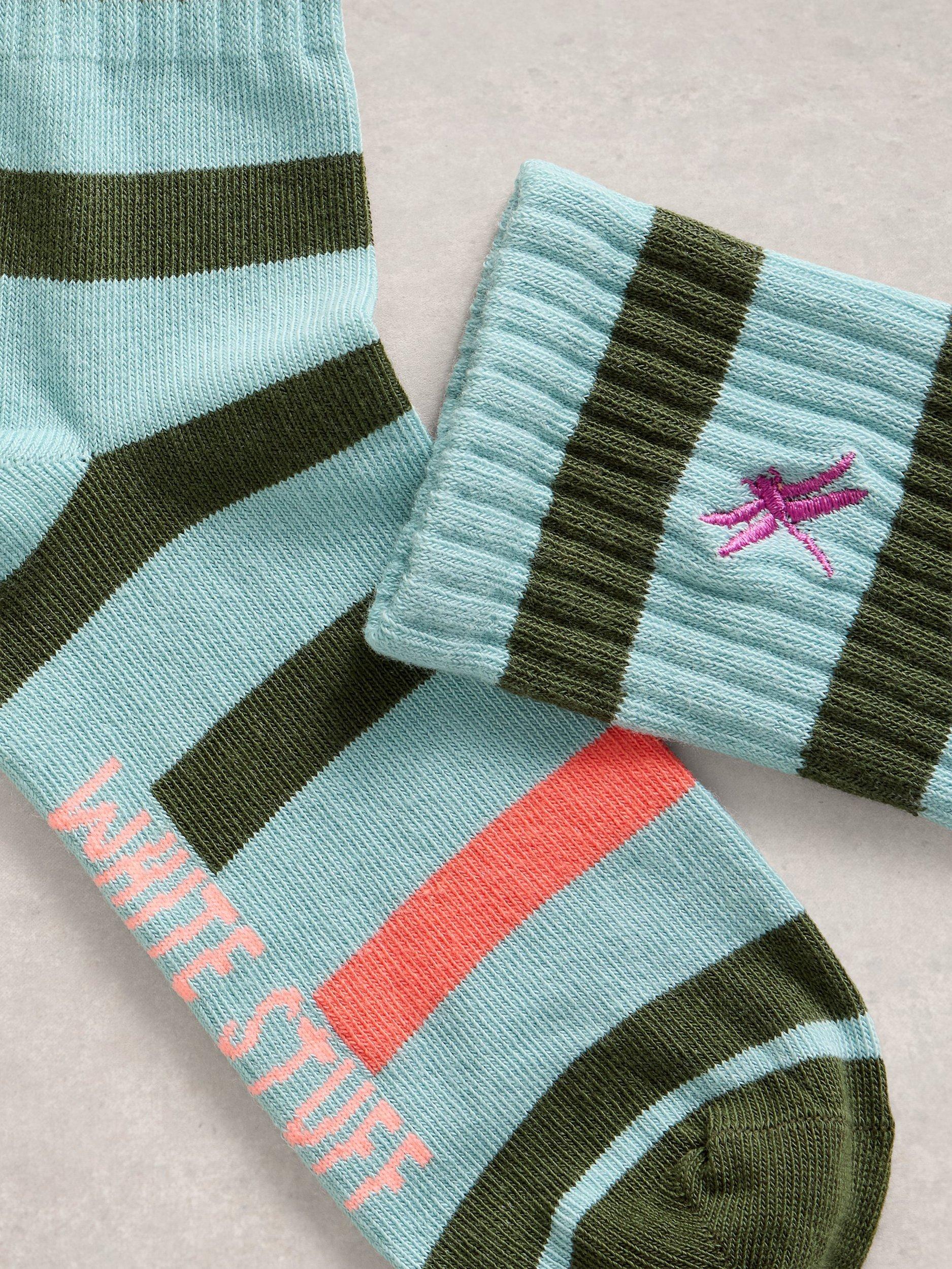 Product image 2 of 2, which shows White Stuff Dragonfly Embroidered Block Stripe Ankle Socks, Green/Multi, 3-5.5