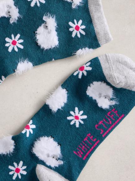 White Stuff Fluffy Sheep Ankle Socks, Teal - view 2, Teal
