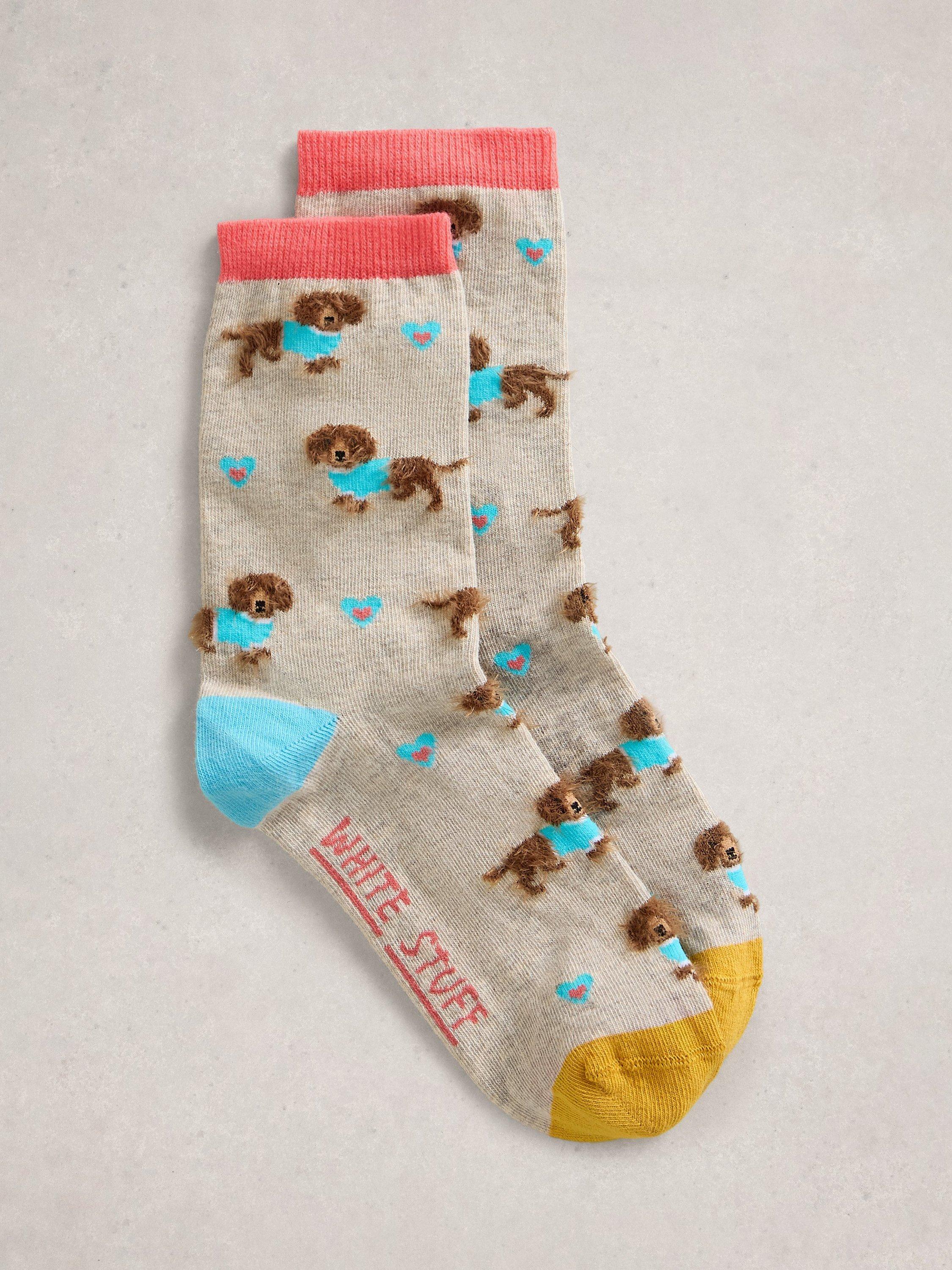 Product image 1 of 2, which shows White Stuff Fluffy Sausage Dog  Ankle Socks, Multi, 3-5.5