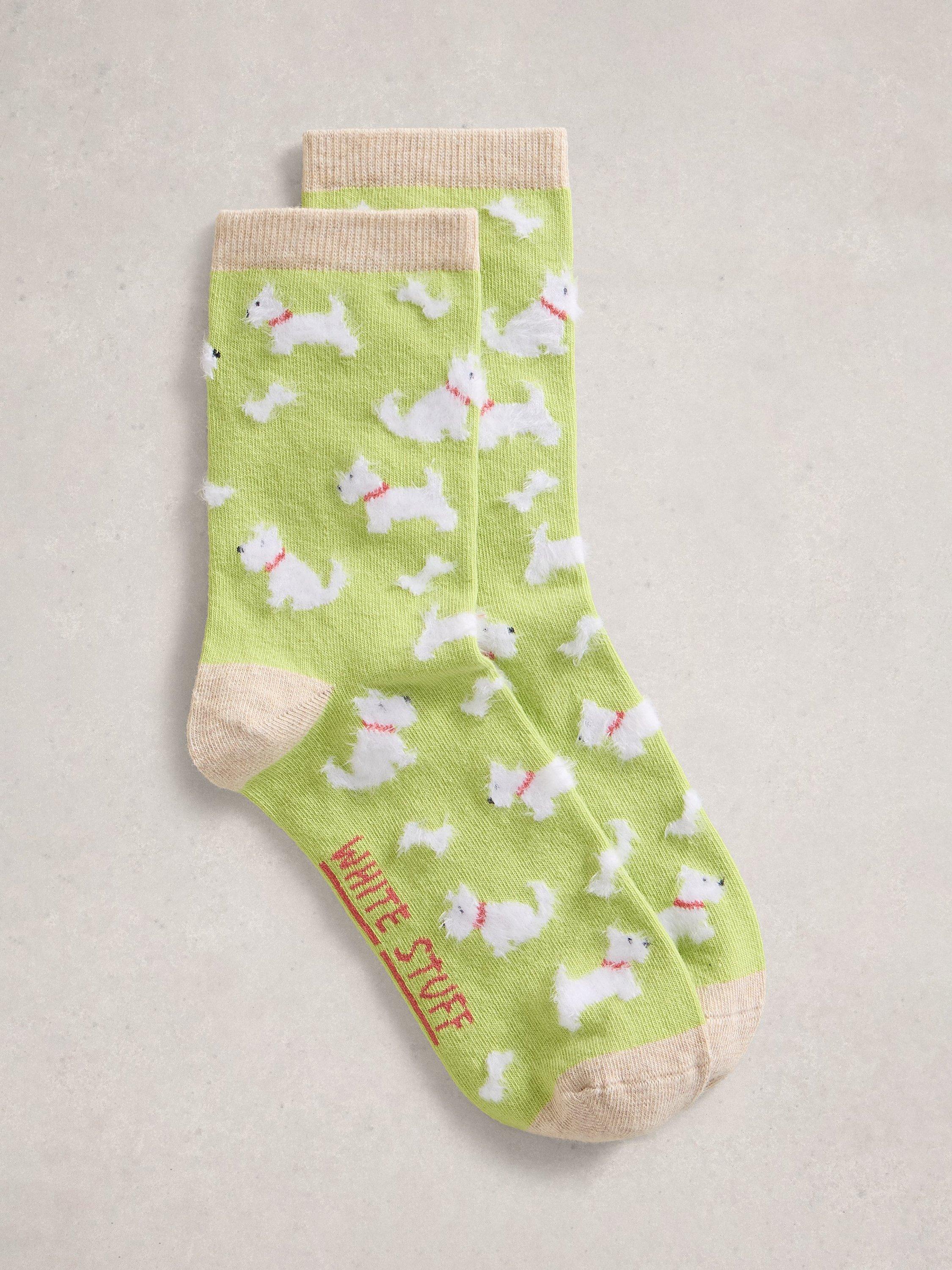 Product image 1 of 2, which shows White Stuff Fluffy Scottie Dog Ankle Socks, Green/Multi, 3-5.5