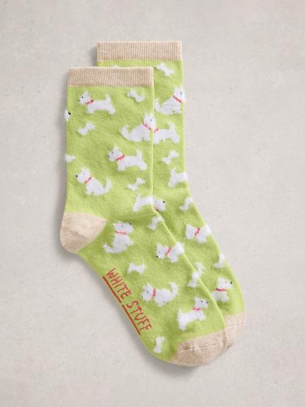 White Stuff Fluffy Scottie Dog Ankle Socks, Green/Multi, Green/Multi