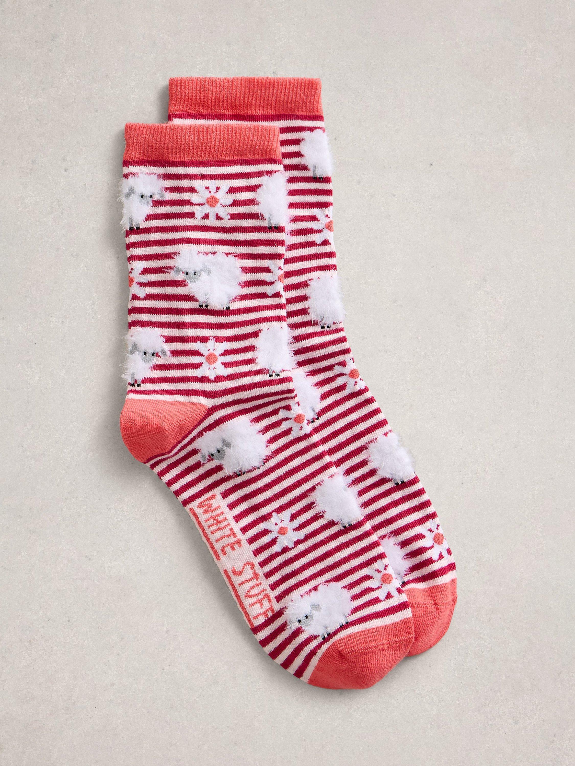 Product image 1 of 2, which shows White Stuff Fluffy Sheep Ankle Socks, Red/Multi, 3-5.5