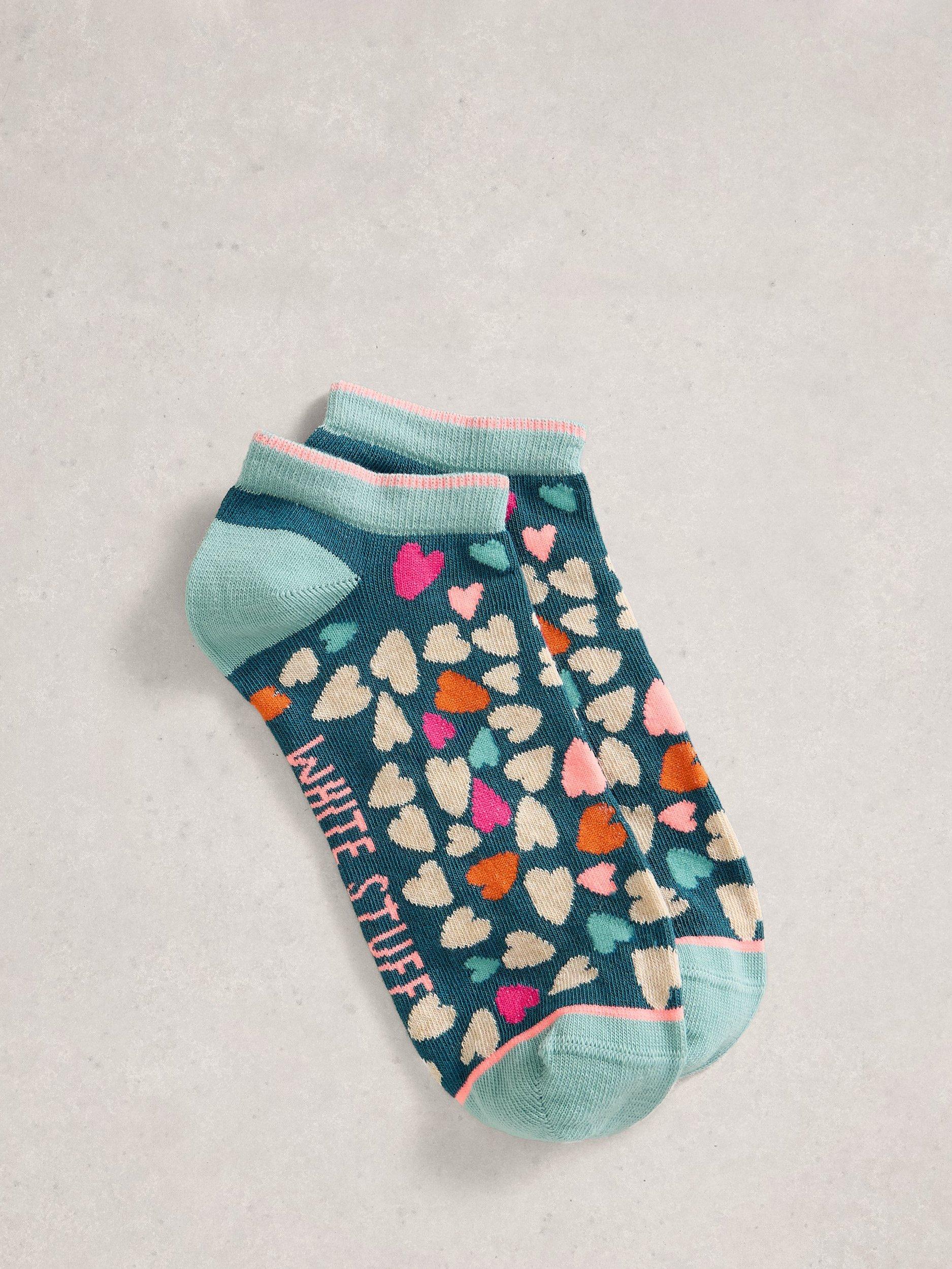 Product image 1 of 2, which shows White Stuff Heart Print Trainer Socks, Pack of 2, Teal/Multi, 3-5.5