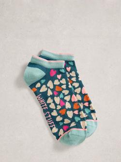 White Stuff Heart Print Trainer Socks, Teal/Multi, Teal/Multi