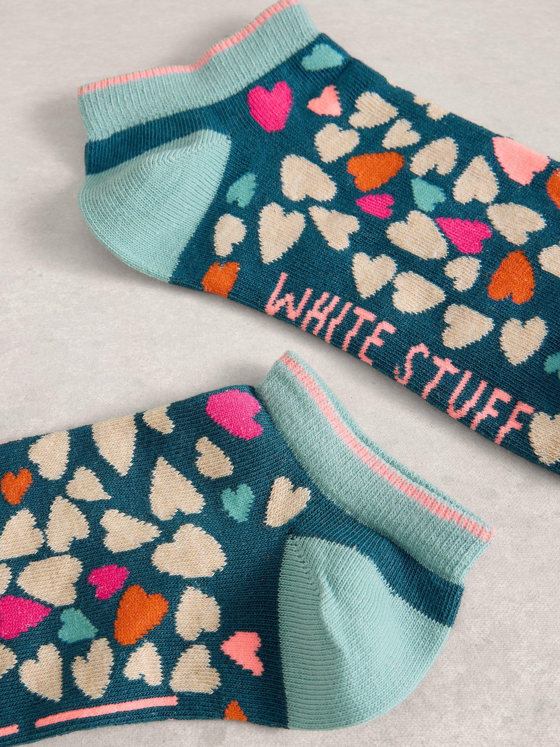 Product image 2 of 2, which shows White Stuff Heart Print Trainer Socks, Pack of 2, Teal/Multi, 3-5.5