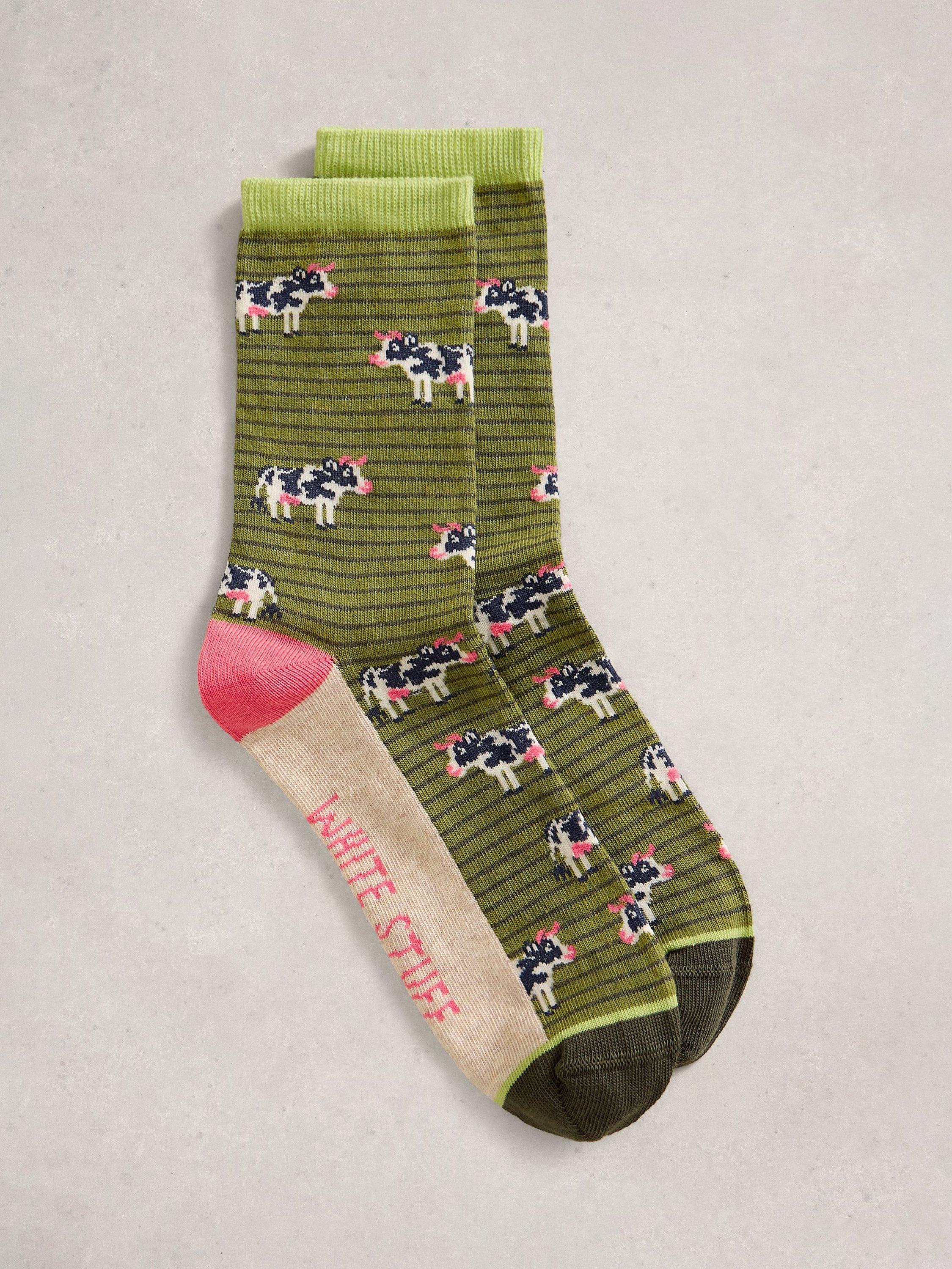 Product image 1 of 2, which shows White Stuff Novelty Cow Ankle Socks, Green/Multi, 3-5.5