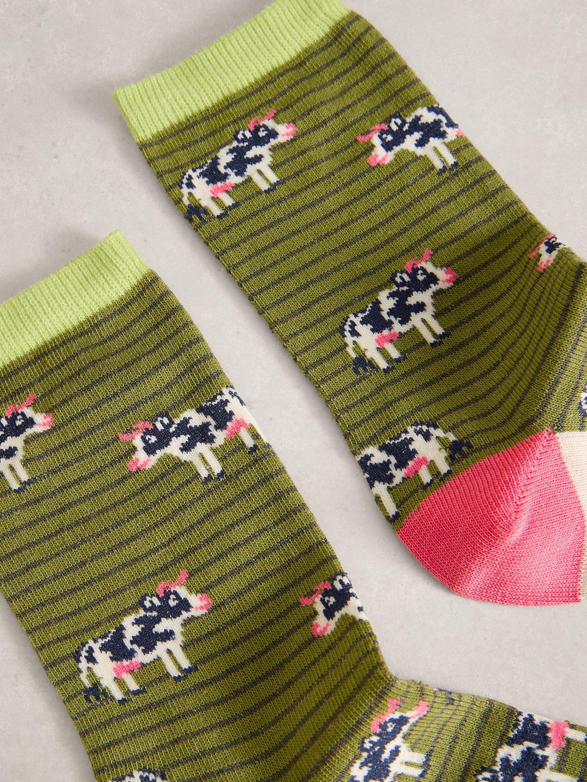 Product image 2 of 2, which shows White Stuff Novelty Cow Ankle Socks, Green/Multi, 3-5.5