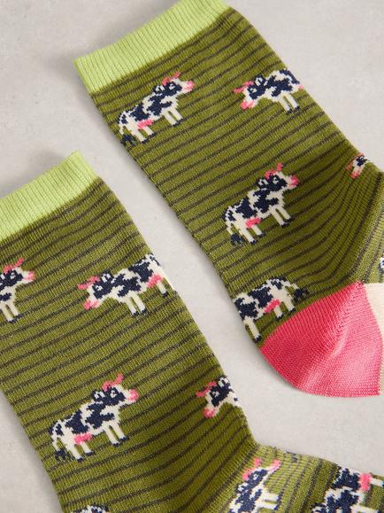 White Stuff Novelty Cow Ankle Socks, Green/Multi - view 2, Green/Multi