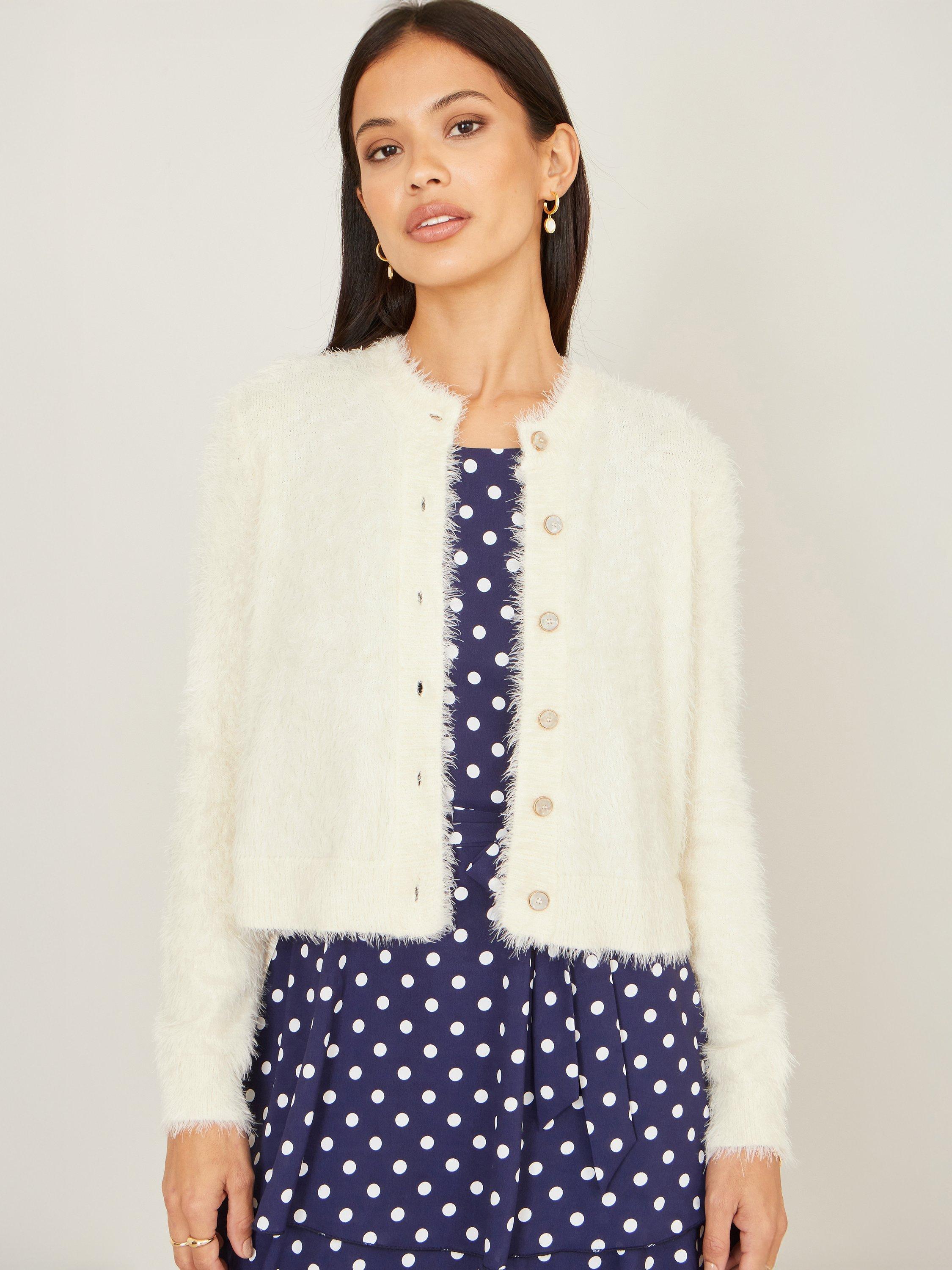 Product image 1 of 5, which shows Yumi Eyelash Knit Cropped Cardigan, Ivory, S