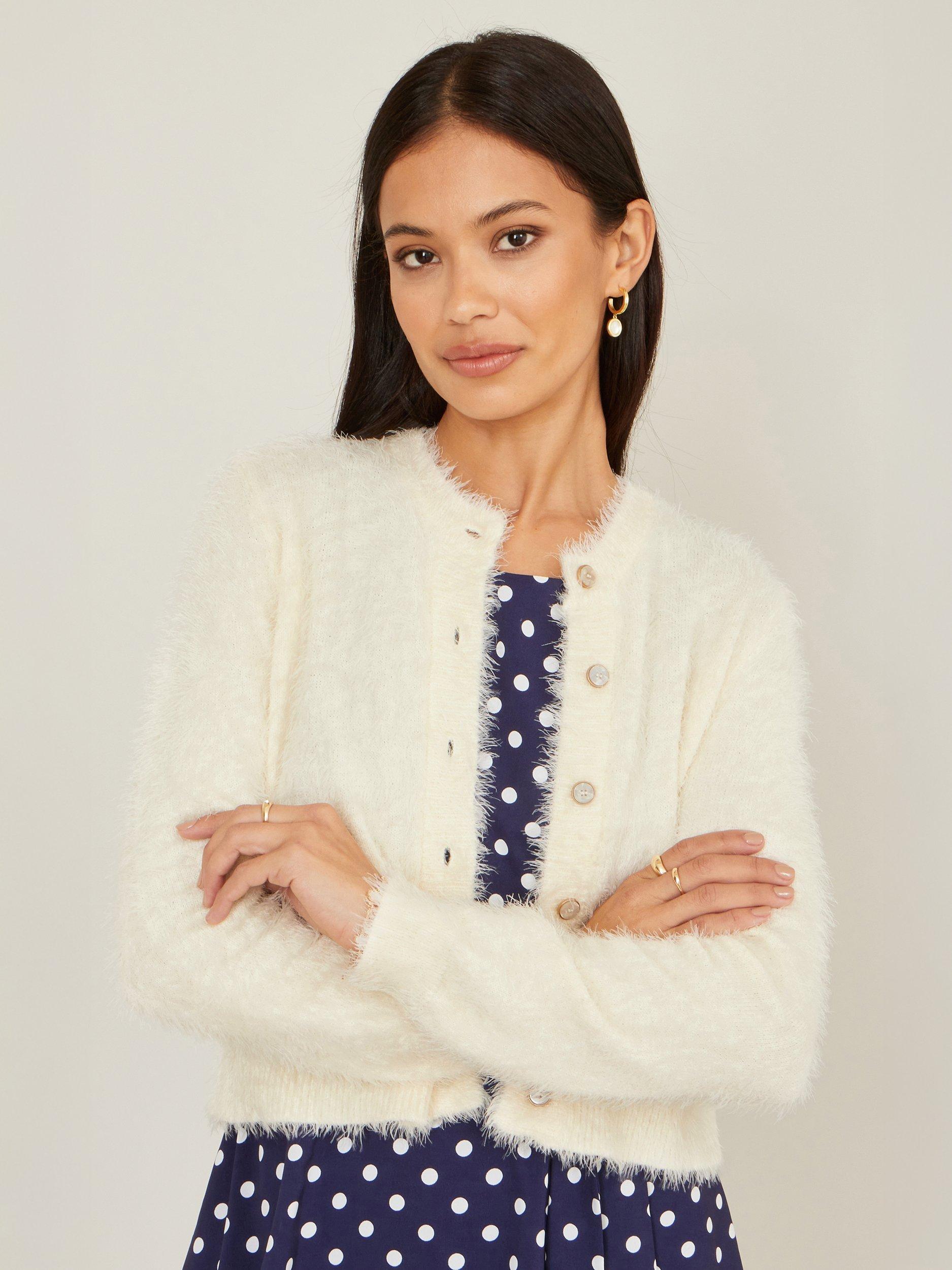 Product image 3 of 5, which shows Yumi Eyelash Knit Cropped Cardigan, Ivory, S