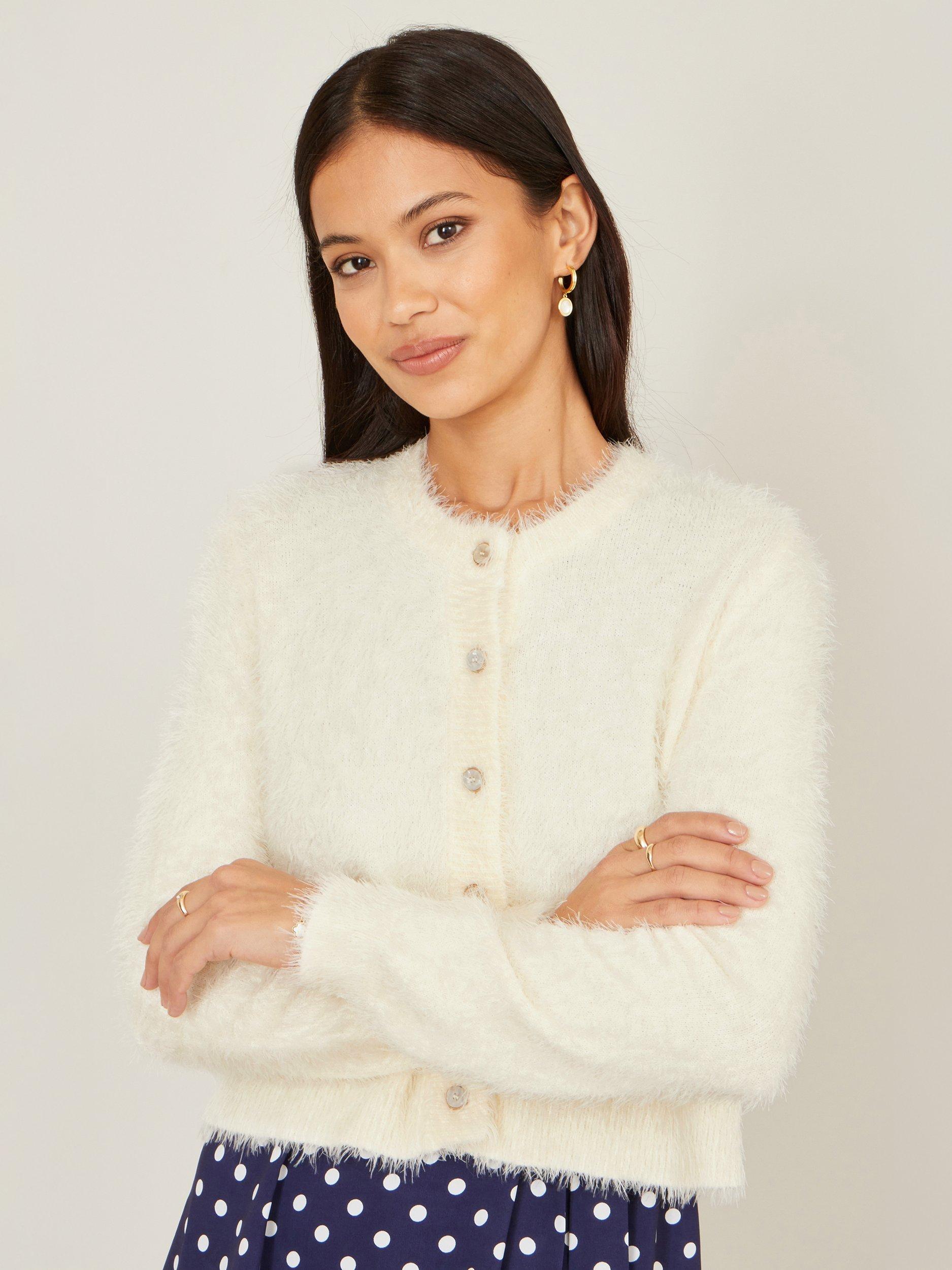 Product image 4 of 5, which shows Yumi Eyelash Knit Cropped Cardigan, Ivory, S