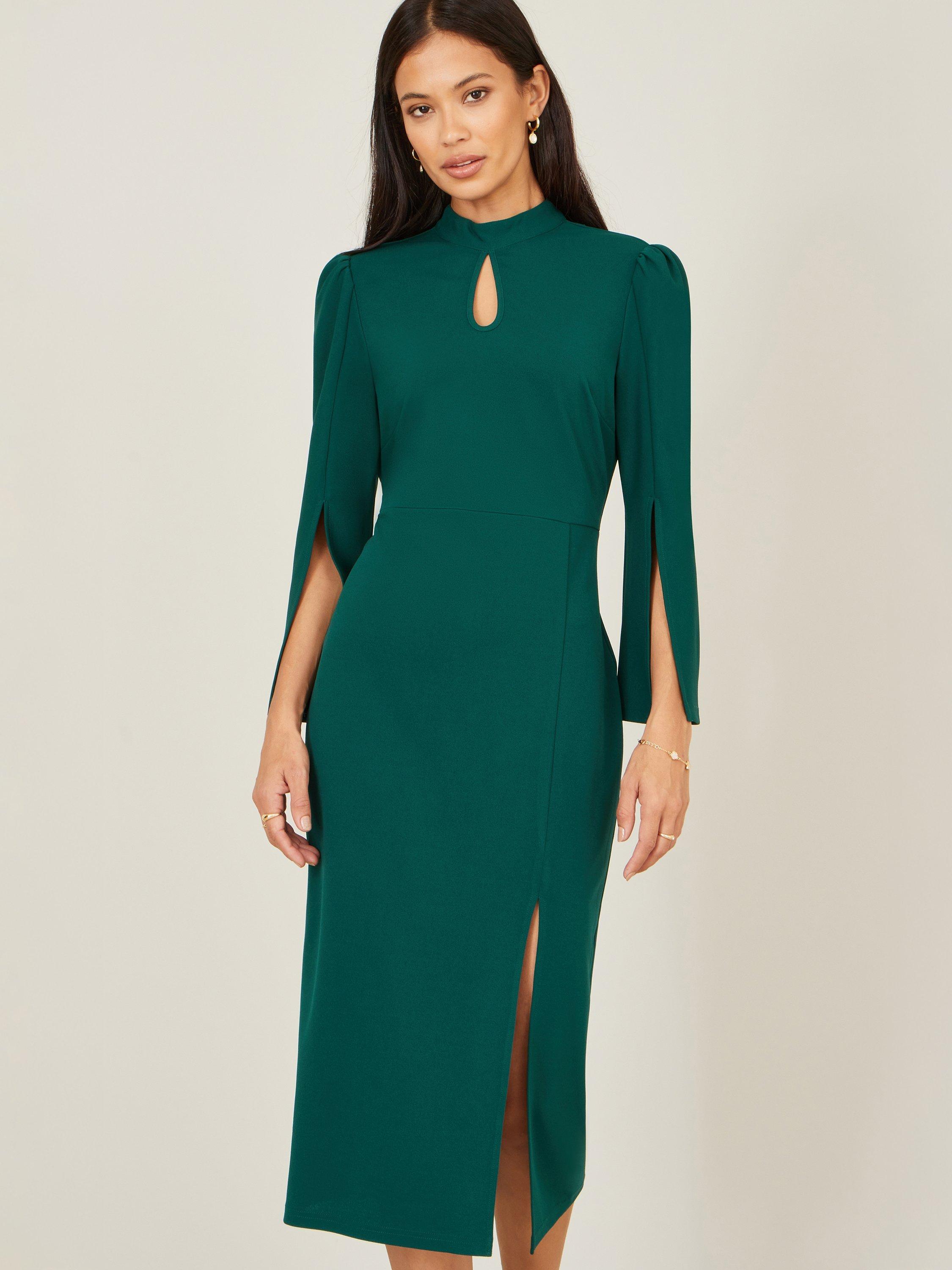Product image 1 of 4, which shows Yumi Fluted Sleeve Midi Dress, Green, 8