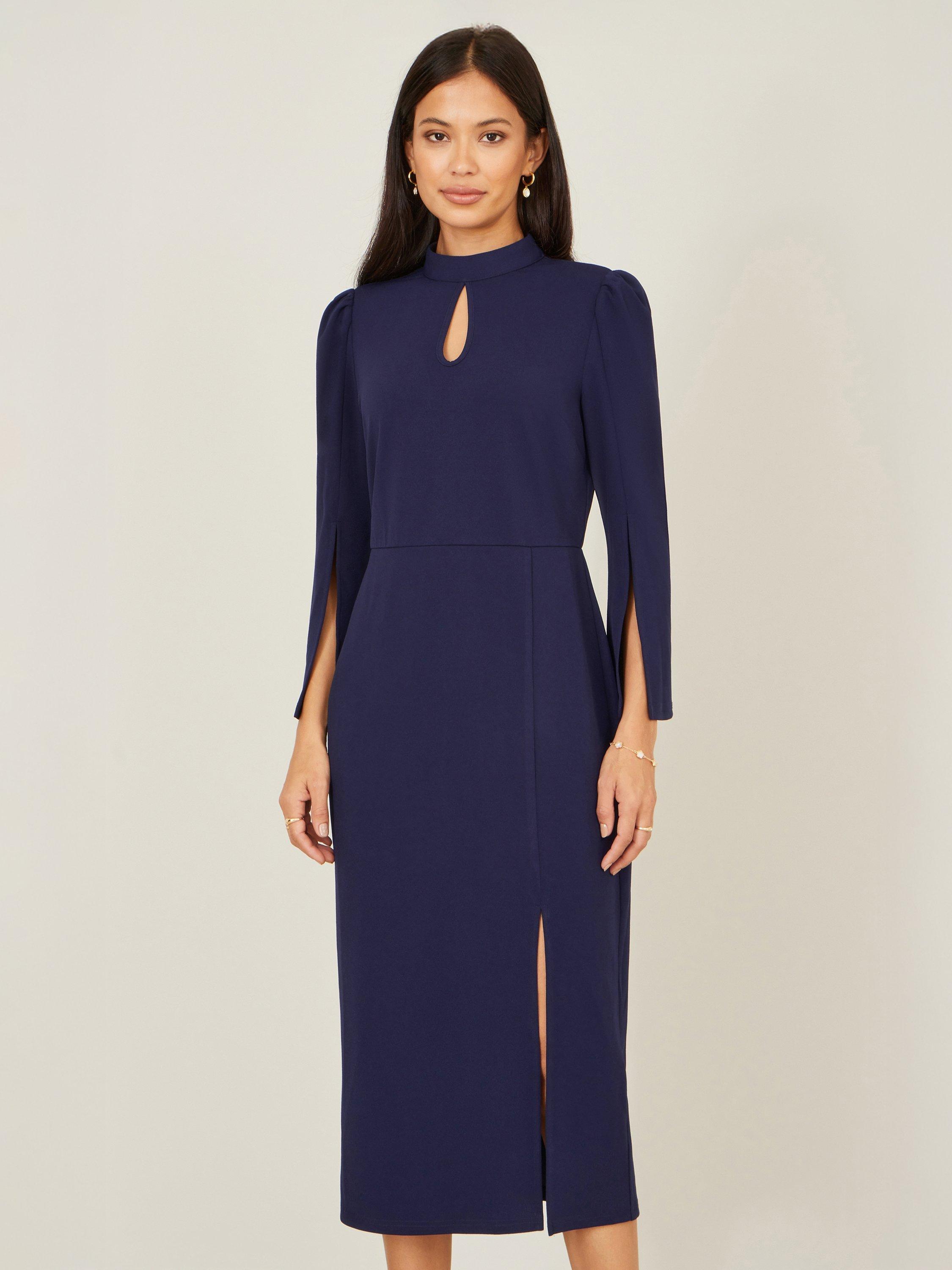 Product image 1 of 5, which shows Yumi Fluted Sleeve Midi Dress, Navy, 8