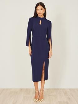 Yumi Fluted Sleeve Midi Dress, Navy - view 2, Navy