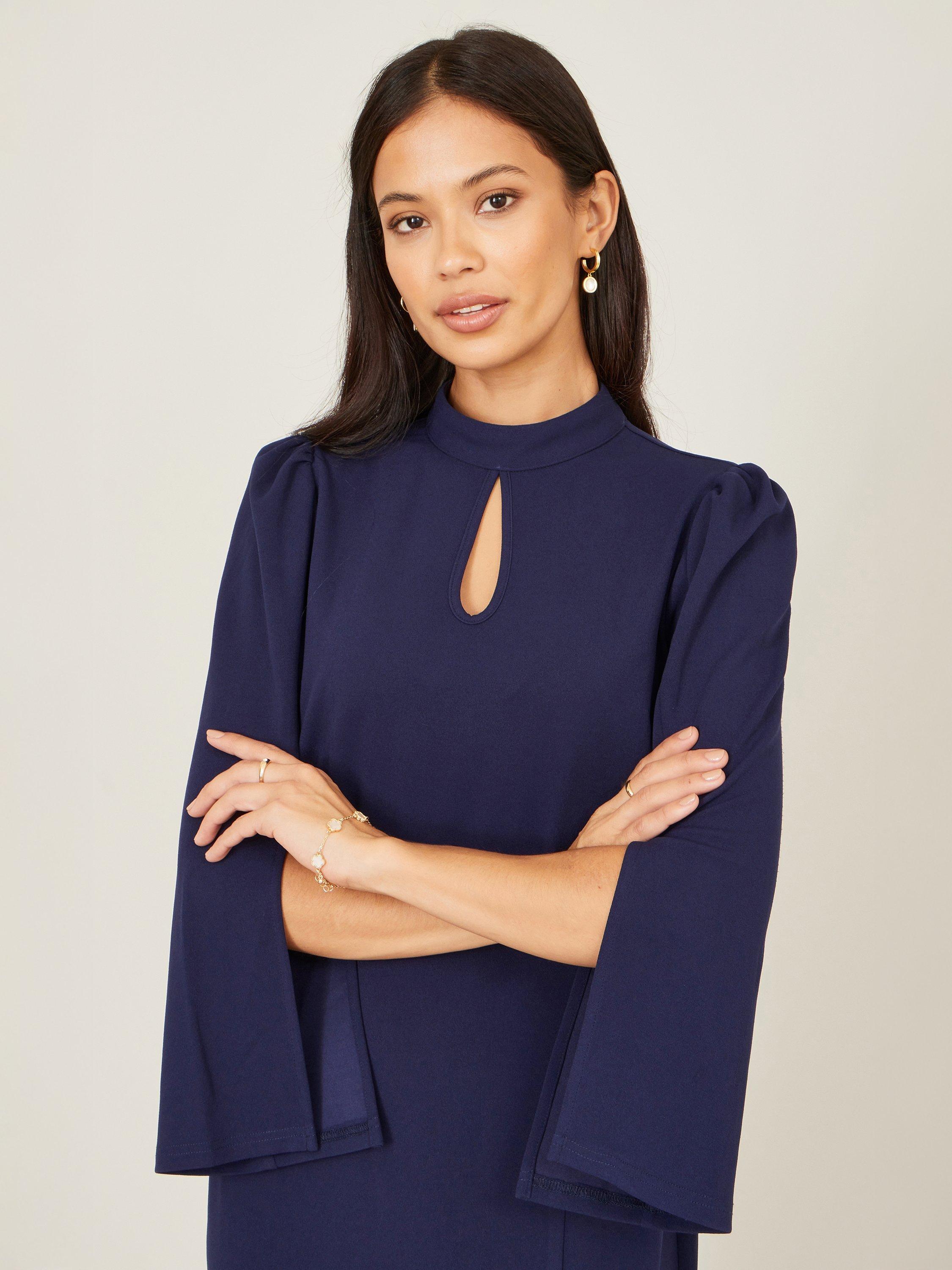 Product image 3 of 5, which shows Yumi Fluted Sleeve Midi Dress, Navy, 8
