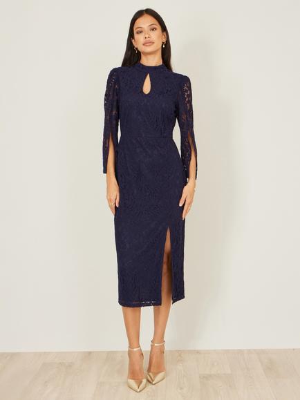 Yumi Lace Fluted Sleeve Midi Dress, Navy - view 2, Navy