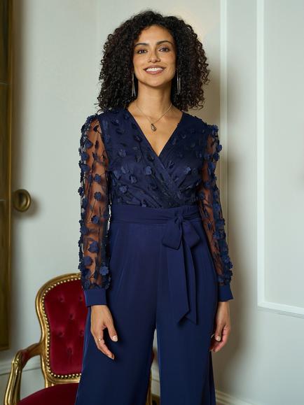 Yumi Flower Applique Bodice Jumpsuit - view 2, Navy