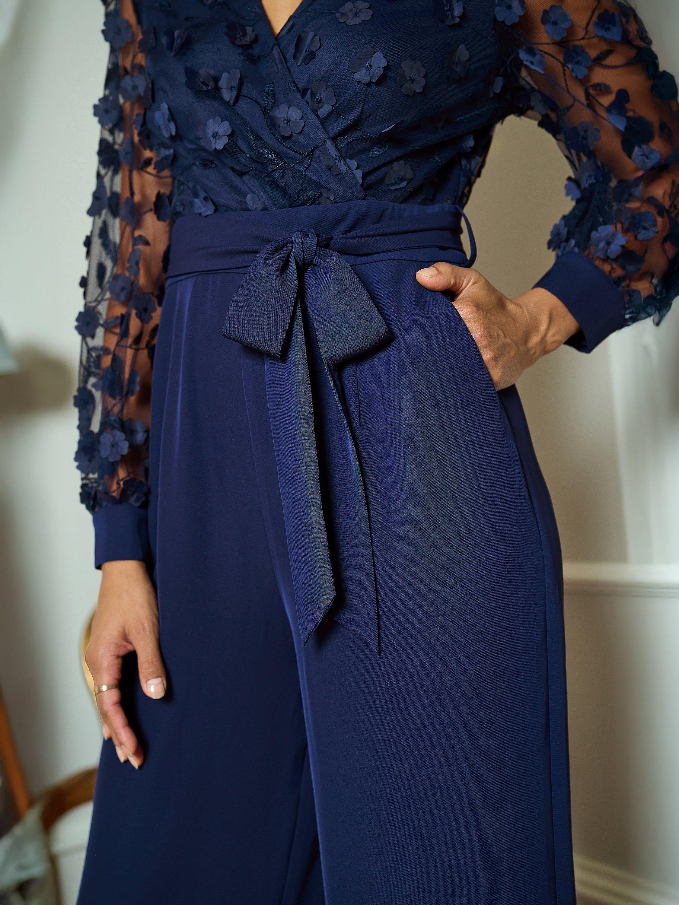 Product image 5 of 5, which shows Yumi Flower Applique Bodice Jumpsuit, Navy, 8