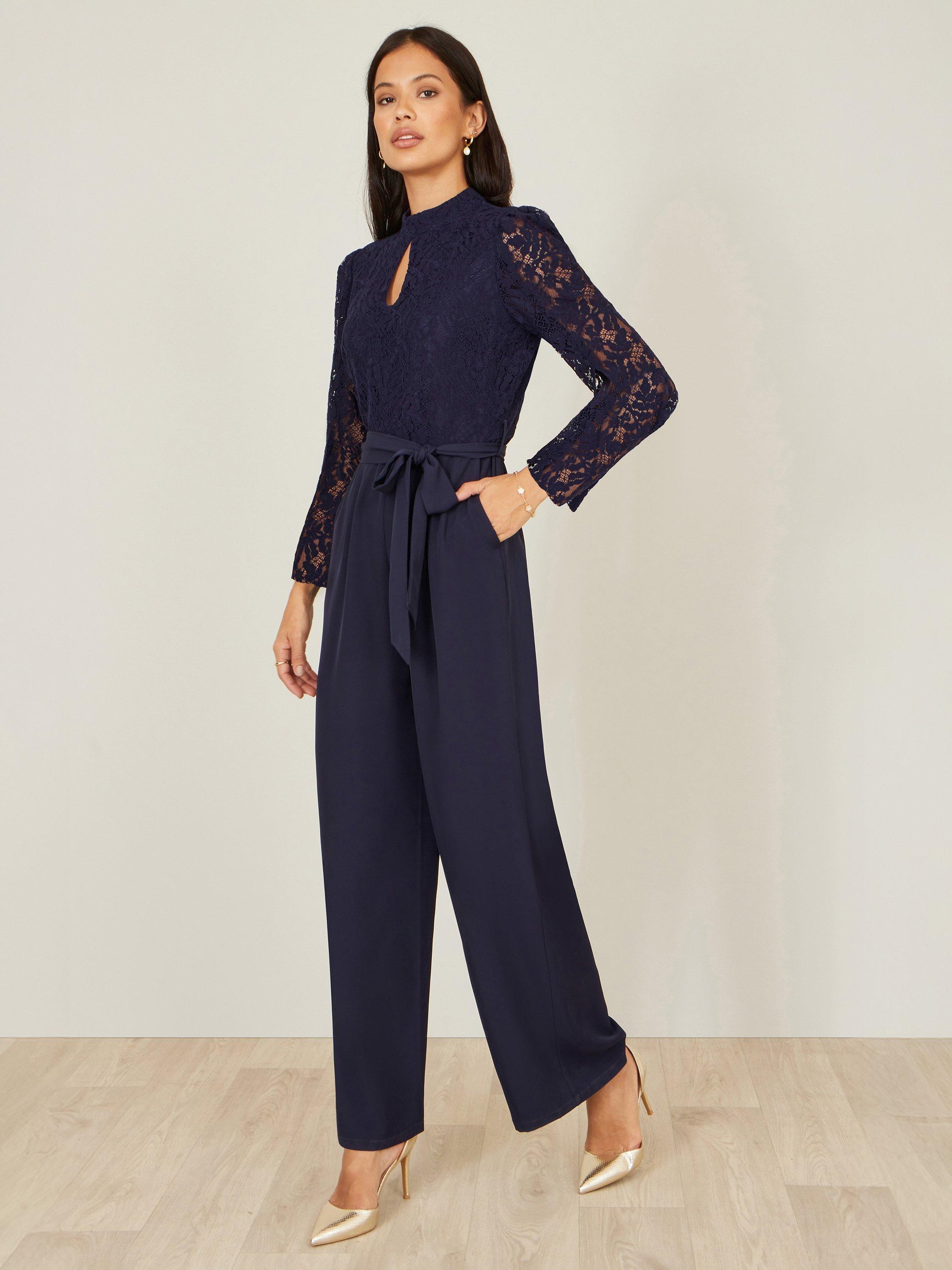 Product image 4 of 6, which shows Yumi Lace Applique Jumpsuit, Navy, 8