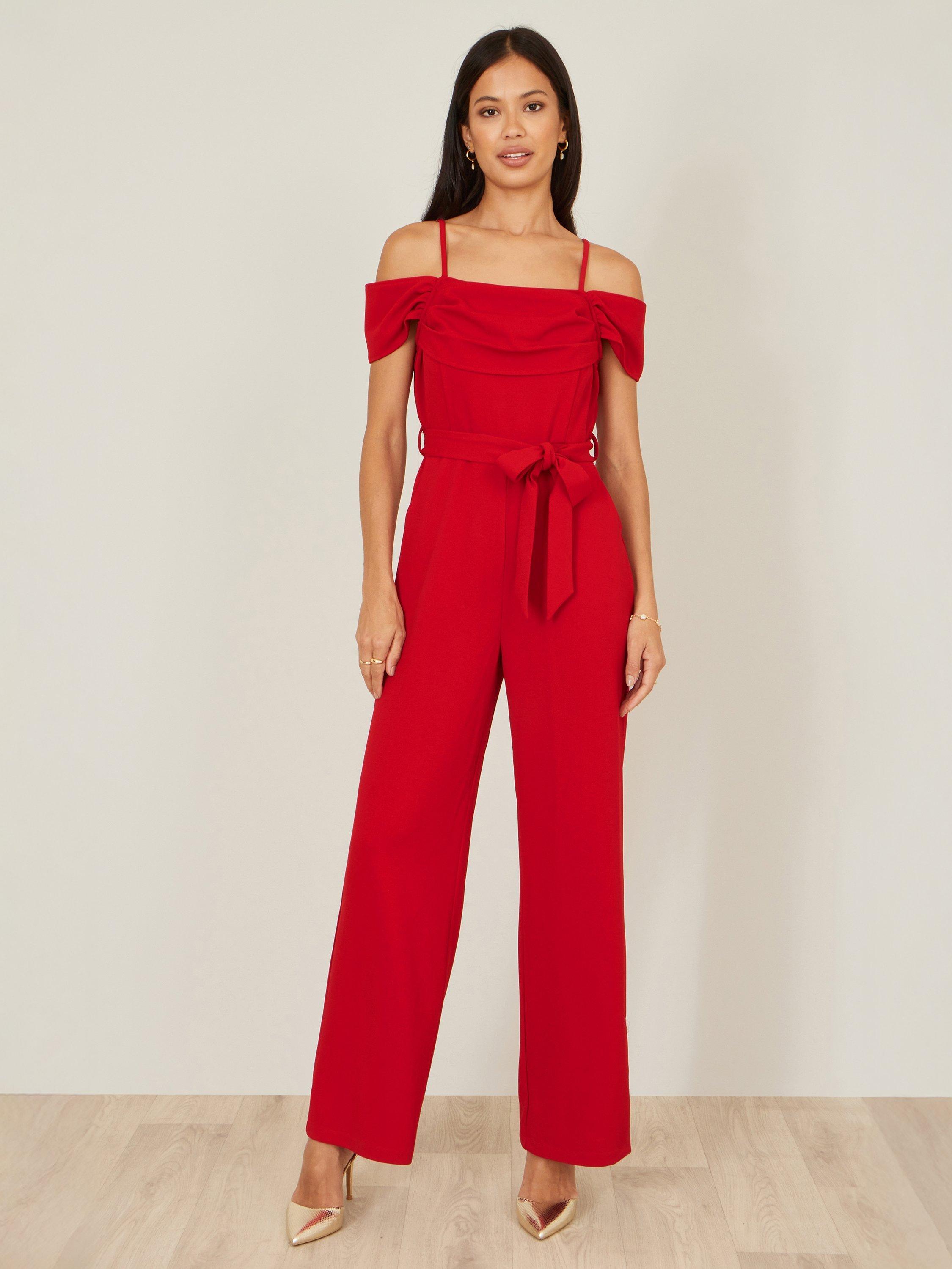 Product image 1 of 5, which shows Yumi Stretch Bardot Jumpsuit, Red, 8