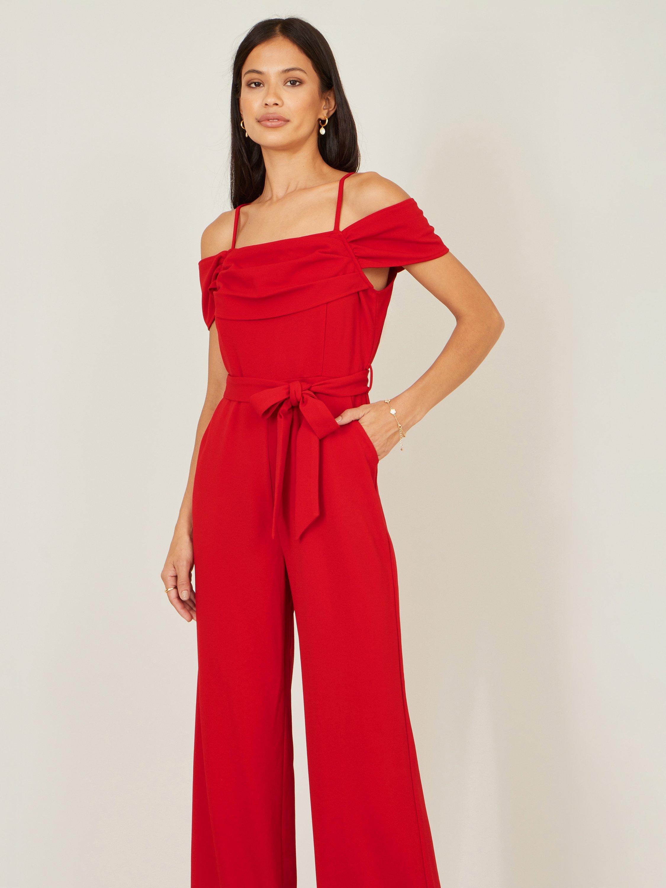Product image 2 of 5, which shows Yumi Stretch Bardot Jumpsuit, Red, 8
