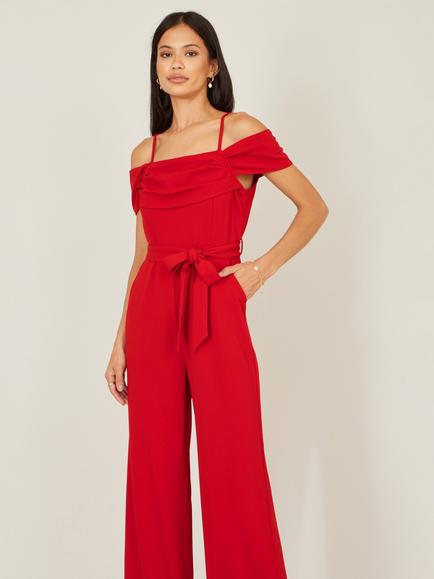 Yumi Stretch Bardot Jumpsuit, Red - view 2, Red