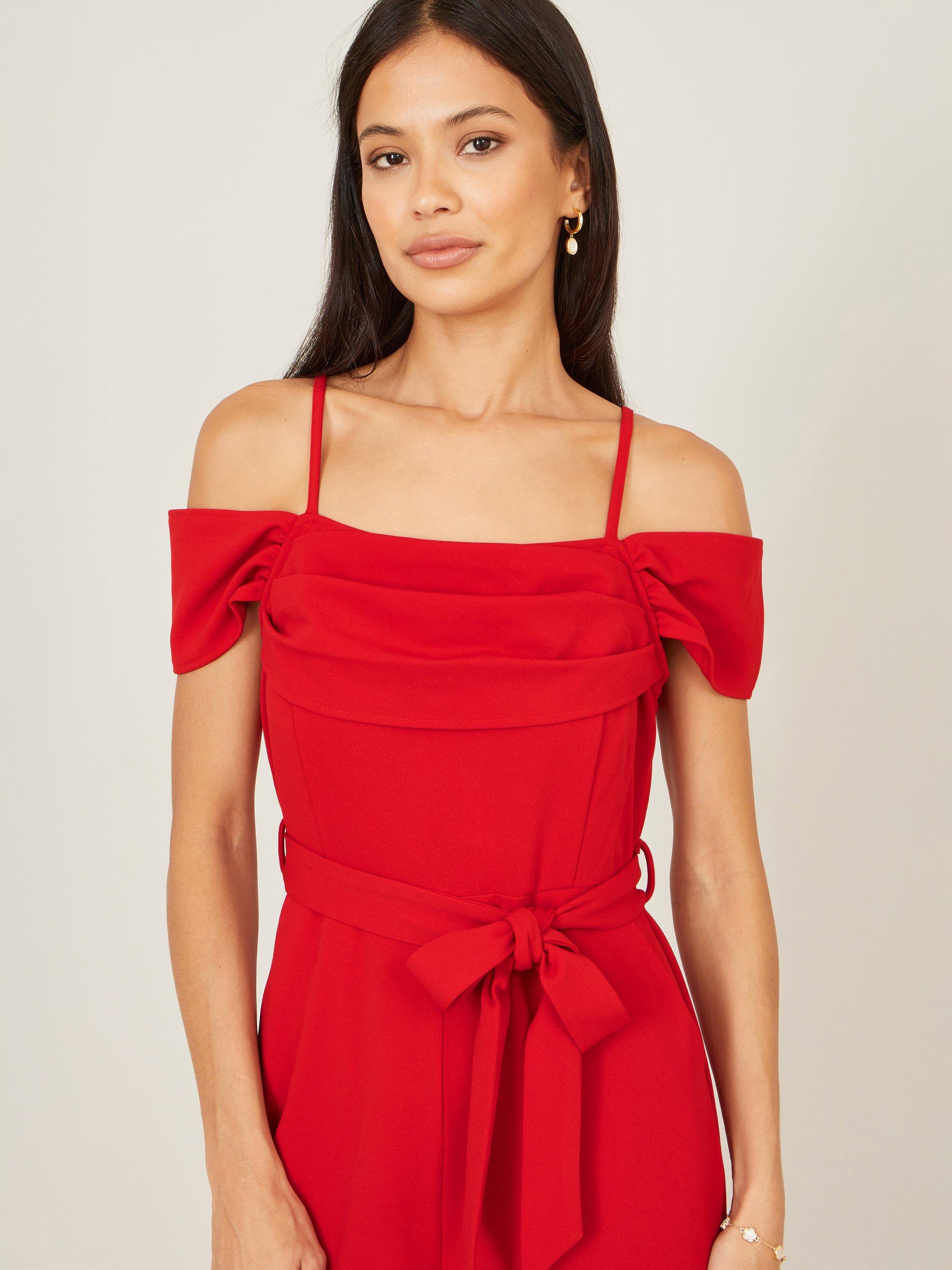 Product image 3 of 5, which shows Yumi Stretch Bardot Jumpsuit, Red, 8