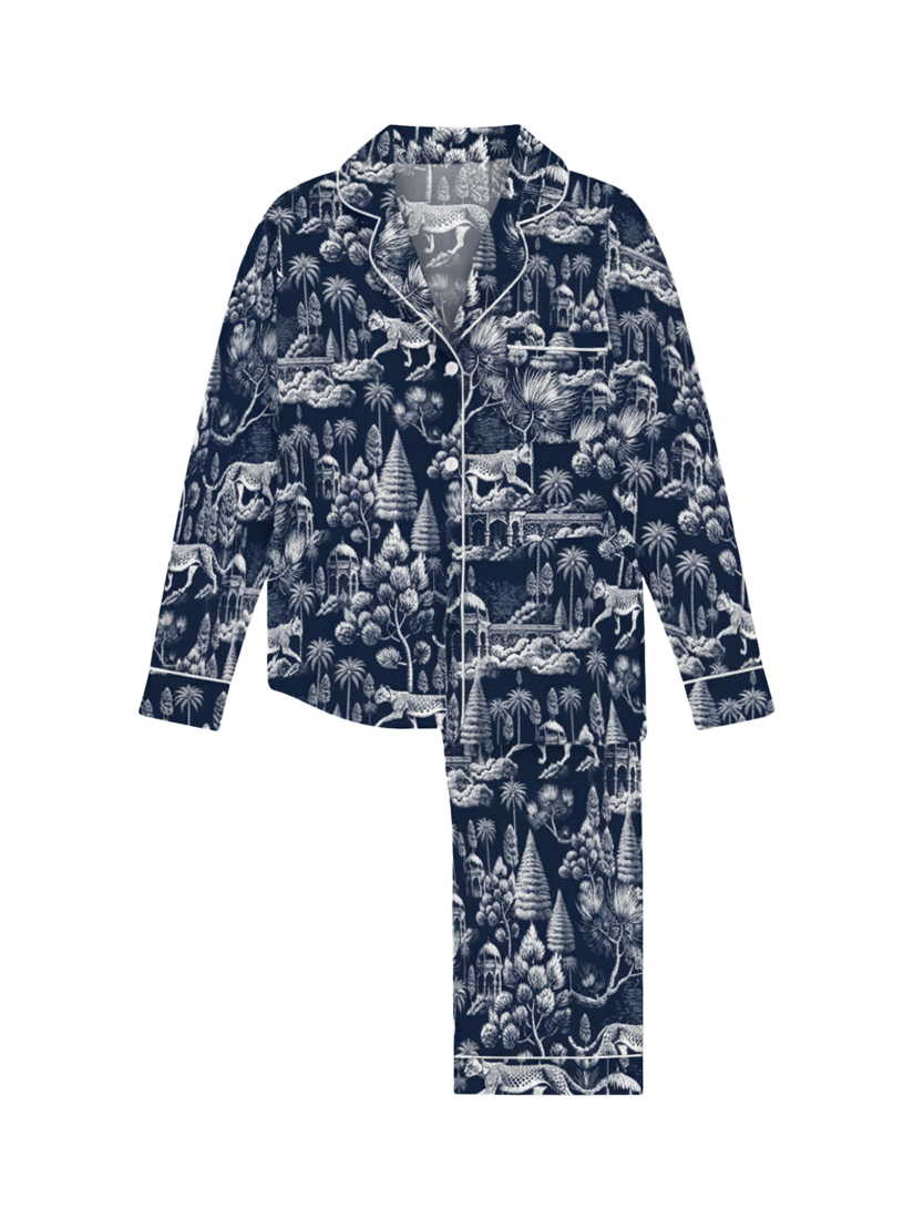 Product image 1 of 2, which shows myza Midnight Jungle Satin Button Through Long Pyjama Set, Midnight Jungle, XS