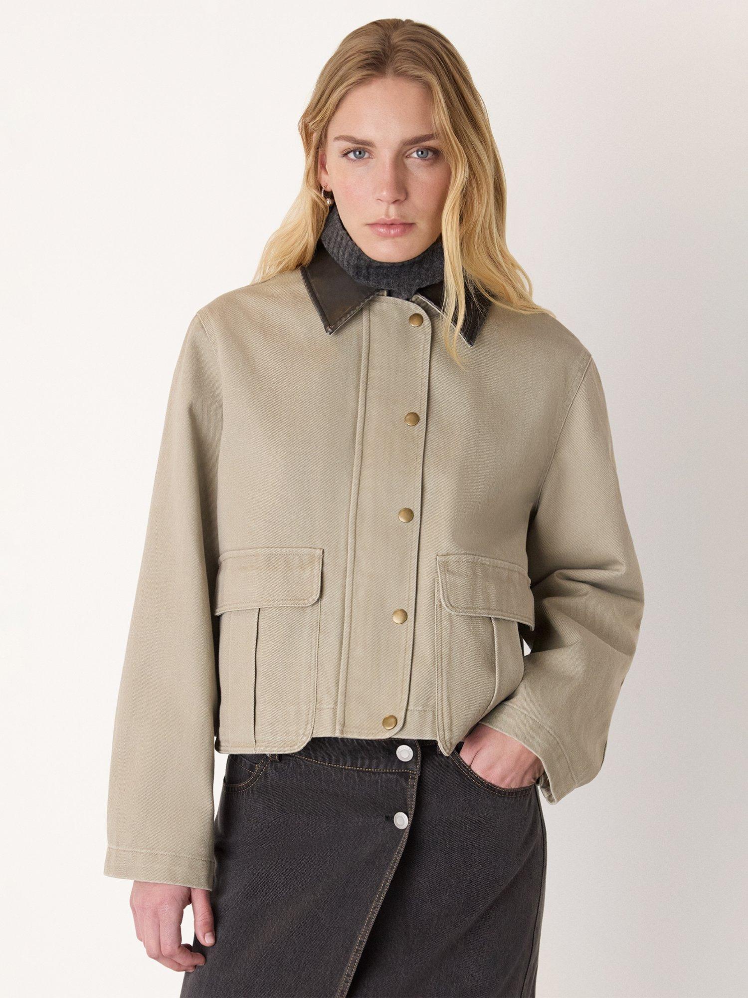 Product image 1 of 5, which shows Whistles Casual Contrast Collared Cotton Shacket, Taupe, 6