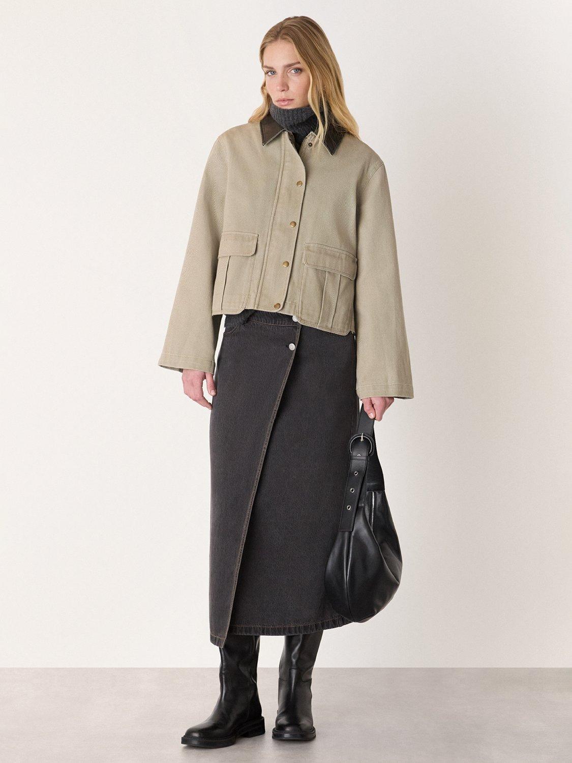 Product image 3 of 5, which shows Whistles Casual Contrast Collared Cotton Shacket, Taupe, 6