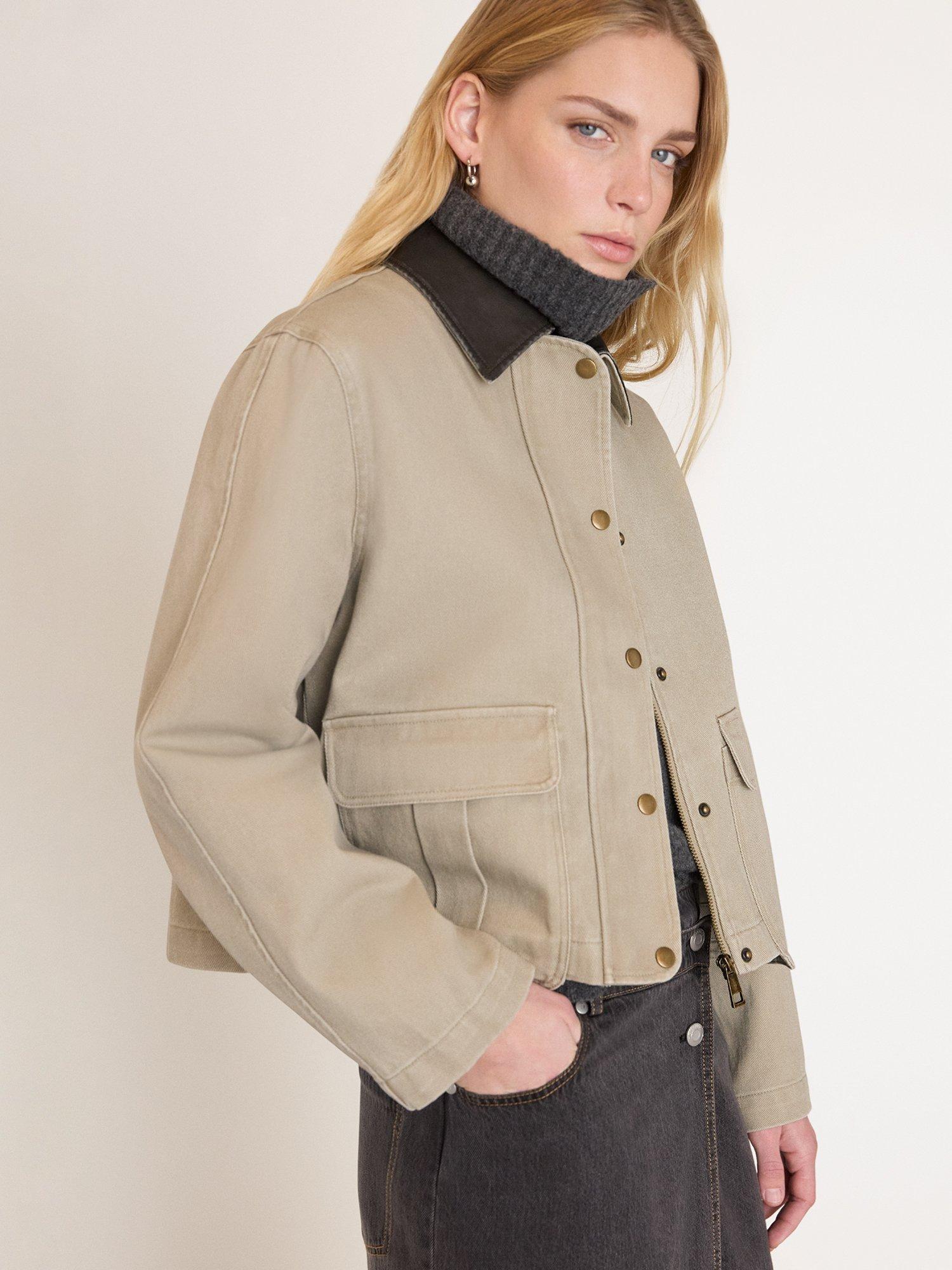 Product image 4 of 5, which shows Whistles Casual Contrast Collared Cotton Shacket, Taupe, 6