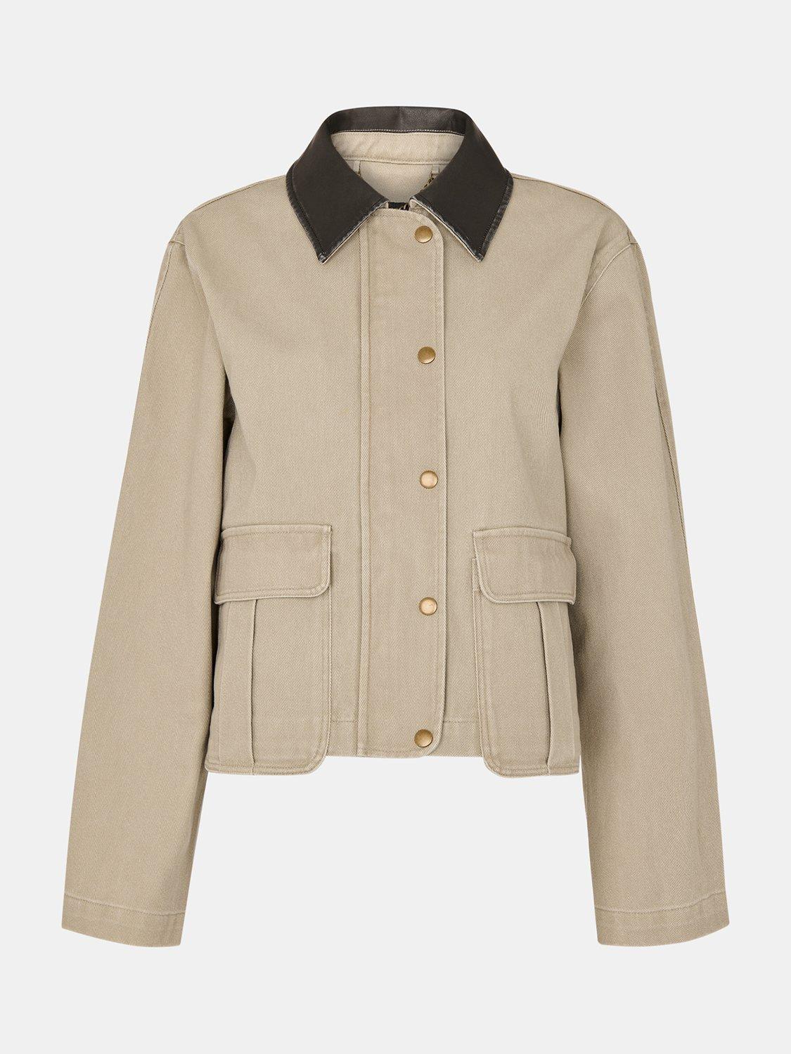 Product image 5 of 5, which shows Whistles Casual Contrast Collared Cotton Shacket, Taupe, 6