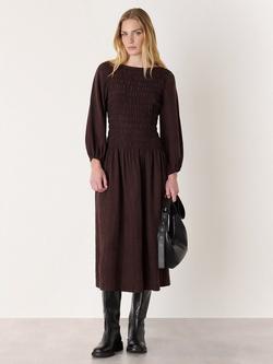Whistles Shirred Long Sleeve Midi Dress, Brown, Brown